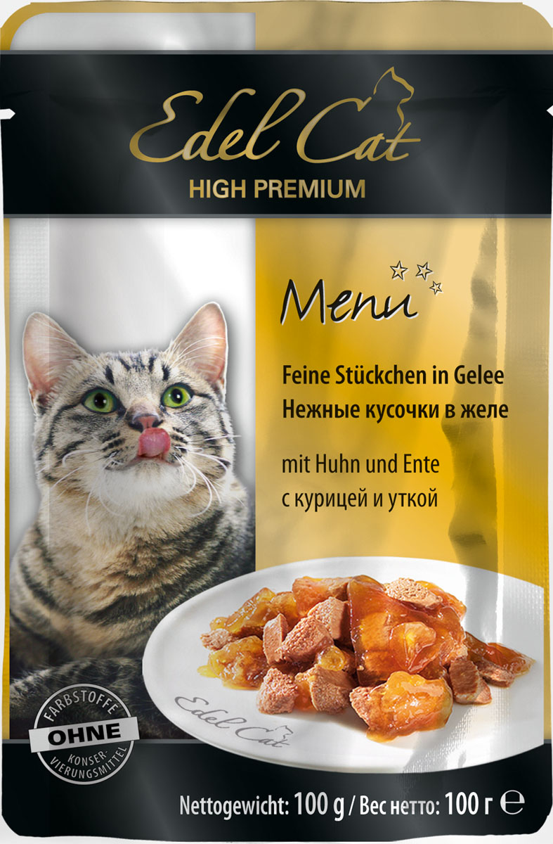 Edel Cat С курицей и уткой нежные кусочки в желе 100г8106 Edel Cat С курицей и уткой нежные кусочки в желе 100г8106Полнорационный консервированный корм для кошек. Изготовлен на основе мысопродуктов с добвлением витаминно - минерального комплекса. Минеральные вещества: влажность 82%, сырой протеин 8,5%, сырой жир 4,5% сырая зола 2,0%, сырая клетчатка 0,3%, витамин Д3 250 МЕ, цинк (сульфат цинка, моногидрат) 18мг, витамин Е (альфа – токоферолацетат) 15мг, медь (сульфат меди ||, пентагидрат) 1мг, марганец (сульфат марганца ||, моногидрат) 1 мг. Состав: мясо и мясопродукты (5% курицы, 5% утки), минеральные вещества, инулин (0,1%).