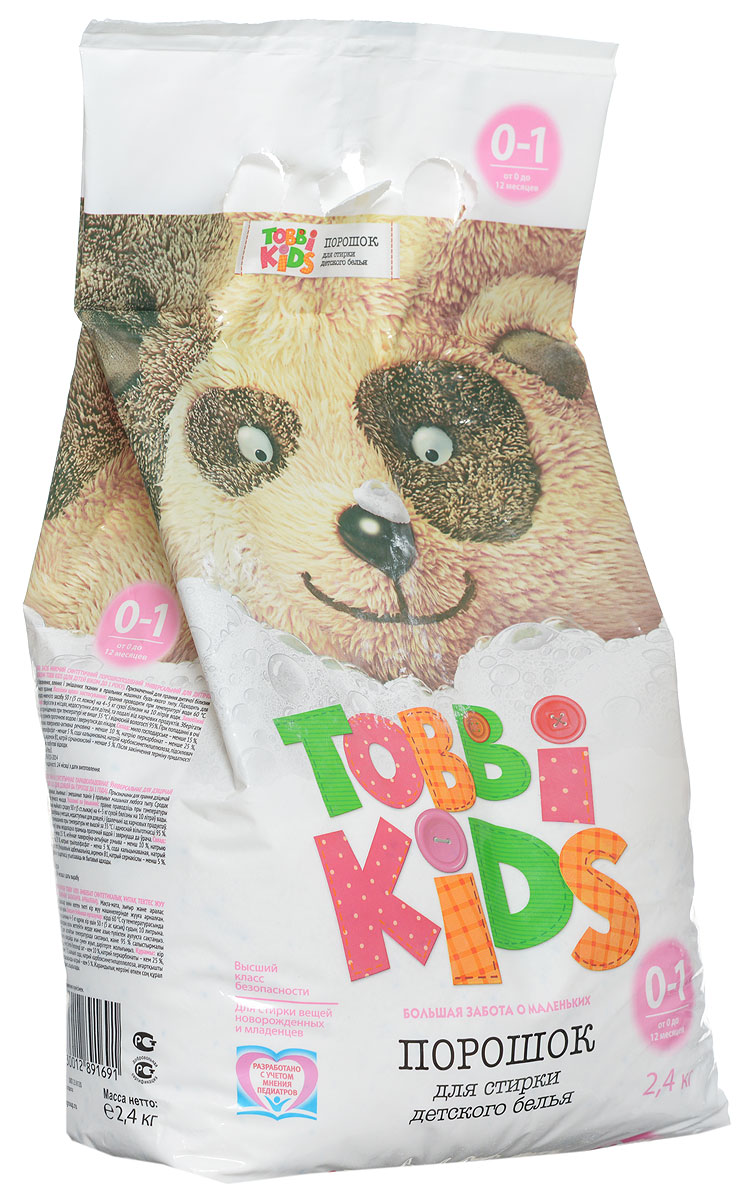 Tobbi Kids Стиральный порошок для детского белья от 0 до 12 месяцев 2,4 кг891691 Tobbi Kids Стиральный порошок для детского белья от 0 до 12 месяцев 2,4 кг891691Стиральный порошок для детского белья Tobbi Kids изготовлен из натурального мыла, отлично справляющегося со следами от пюре и соков. Дети в возрасте от 0 до 12 месяцев имеют pH кожи, отличный от pH кожи детей старше года и взрослых, и их иммунная система особенно уязвима, именно поэтому малыши весьма чувствительны к аллергенам и активным веществам в составе стирального порошка. В этот период важно выбирать самые безопасные средства, ведь малышам не подходят взрослые порошки. Формула Tobbi Kids разработана с учетом рекомендаций педиатров, ее pH соответствует pH кожи ребенку до года, а безопасные активные компоненты отлично отстирывают все загрязнения и ухаживают за вещами малыша. Предназначен для стирки детского белья из хлопчатобумажных, льняных и смешанных тканей в стиральных машинах любого типа. Допускается применение для ручной стирки. Состав: мыло хозяйственное, неионогенное поверхностно-активное вещество, натрия перкарбонат, натрий...