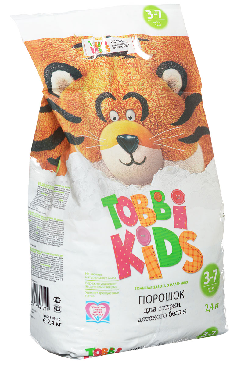 Tobbi Kids Стиральный порошок для детского белья от 3 до 7 лет 2,4 кг891806 Tobbi Kids Стиральный порошок для детского белья от 3 до 7 лет 2,4 кг891806Дети в возрасте от 3 до 7 лет активно развиваются и познают окружающий мир, что добавляет маме забот со стиркой. Чтобы справиться с загрязнениями, формула моющего средства должна быть эффективной, но одновременно с этим максимально безопасной, поэтому обычные взрослые стиральные порошки детям не подходят. Формула Tobbi Kids от 3 до 7 лет разработана с учетом рекомендаций педиатров и отвечает самым высоким требованиям безопасности. На основе натурального мыла и соды. Эффективен против пятен от фруктов и овощей, чернил, фломастеров, гуаши, бульонов, молочных каш, земли и травы. Гипоаллергенный и бесфосфатный. Состав: мыло хозяйственное, неионогенное ПАВ, анионное ПАВ, натрия триполифосфат, сода кальцинированная, натрия перкарбонат, усилитель отбеливателя, натрий карбоксиметилцеллюлоза, акремон В1, энзимы, отдушка, натрий сернокислый.