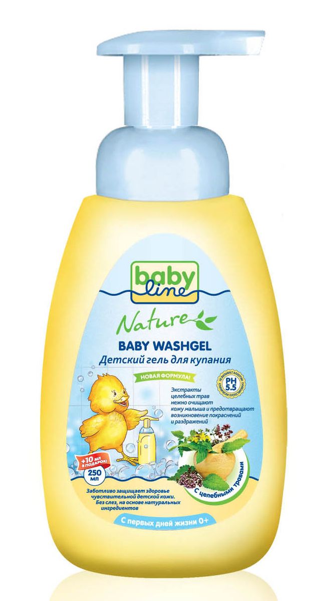 BabyLine Nature Гель для купания с целебными травами для детей с первых дней жизни 260 млDN 71 BabyLine Nature Гель для купания с целебными травами для детей с первых дней жизни 260 млDN 71Детский освежающий гель для купания с экстрактами целебных трав подойдет малышам с первых дней жизни! • Деликатно очищает, не нарушая естественный рН баланс детской кожи • Экстракты трав оказывают успокаивающее и противовоспалительное действие на чувствительную кожу малыша • Идеально подходит для ежедневного применения. Товар сертифицирован.