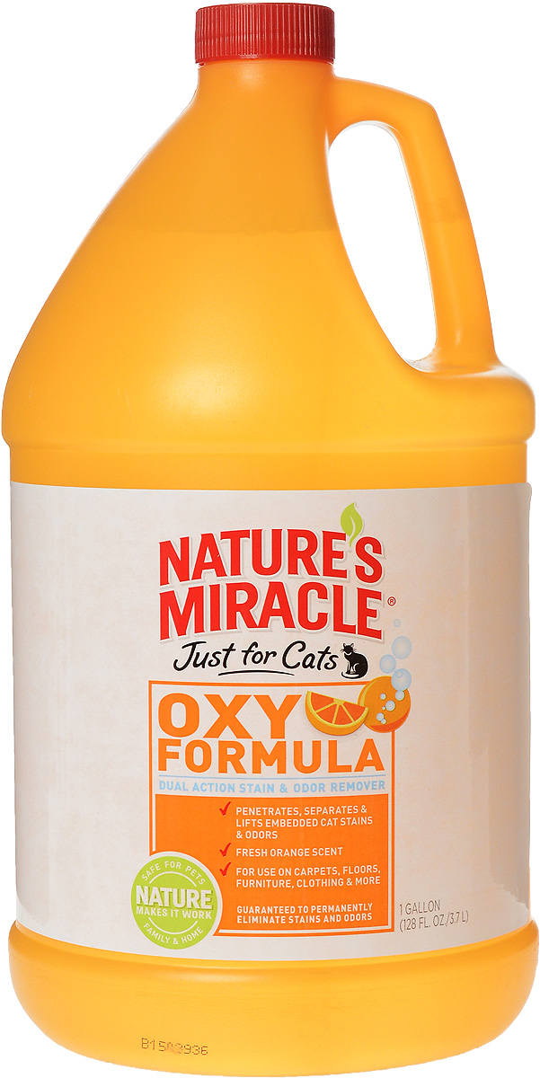 Уничтожитель пятен и запахов от кошек Natures Miracle Orange-Oxy Formula, 3,7 л5057051 Уничтожитель пятен и запахов от кошек Natures Miracle Orange-Oxy Formula, 3,7 л5057051Уничтожитель пятен и запахов от кошек Natures Miracle Orange-Oxy Formula - отличный выбор для владельцев кошек, желающих быстро удалить загрязнения и освежить старые выцветшие ковры. Формула, обогащенная кислородом, быстро находит и разрушает пятна и запахи от мочи, травы, рвоты, волосяных комков из желудка, крови. Средство освежает ковры, оставляя при этом свежий цитрусовый аромат. Уничтожитель можно использовать на коврах, твердых поверхностях, тканях, переносках, спальных местах животных и в кошачьих туалетах, для любых загрязнений, оставленных кошками. Уничтожитель быстро вступает во взаимодействие с пятнами и запахами, благодаря формуле двойного действия, сочетающей действие натурального апельсина и свойства активного кислорода. Формула разрушает связь между поверхностью и загрязнением и уничтожает источник пятен и запахов. Для достижения наилучших результатов нужно дать средству высохнуть естественным путем, что может занять до двух недель, так как...