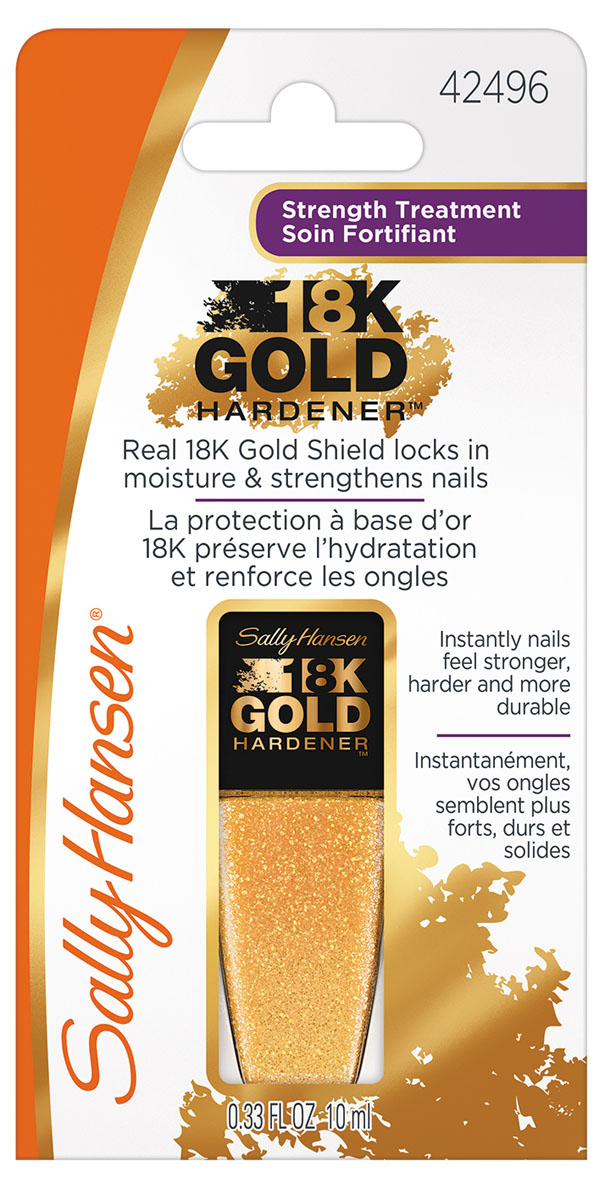 Sally Hansen 18K GOLD Средство для укрепления ногтей gold hardener 10 мл,10 мл30076803000 Sally Hansen 18K GOLD Средство для укрепления ногтей gold hardener 10 мл,10 мл30076803000Супер укрепляющее средство для ногтей 18K Gold Hardener помогает удерживать влагу в ногтевой пластине, ухаживает и укрепляет. Эта инновационная новинка, содержащая настоящее 18-ти каратное золото, пептиды и аминокислоты, способствует здоровому и быстрому росту крепких ногтей. Роскошная комплексная формула создаст прочный щит на ваших ногтях, защищая их от сколов и отслаивания, обеспечивая рост крепких и здоровых ногтей