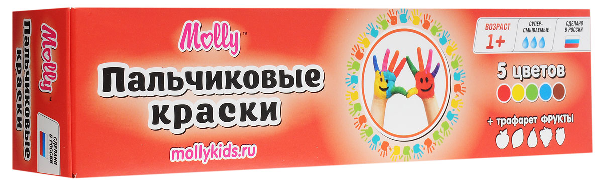 Molly Краски пальчиковые с трафаретом Фрукты 5 цветовFS-54103 Molly Краски пальчиковые с трафаретом Фрукты 5 цветовFS-54103Краски пальчиковые с трафаретом Фрукты Molly отлично подойдут для первого творчества малыша.Краски подходят для раннего обучения цветам, развития тонкой моторики, тактильного восприятия.Краски разработаны специально для рисования пальчиками или ладошками для детей от 1 года. В комплект входят 5 цветов (красный, желтый, зеленый, синий, коричневый), а также тематический трафарет, с помощью которого юный художник сможет дополнить свои композиции аккуратными рисунками фруктов.Краски нетоксичны.Состав: пищевой краситель, целлюлозный загуститель, глицерин, мел, консервант косметический, вода питьевая.
