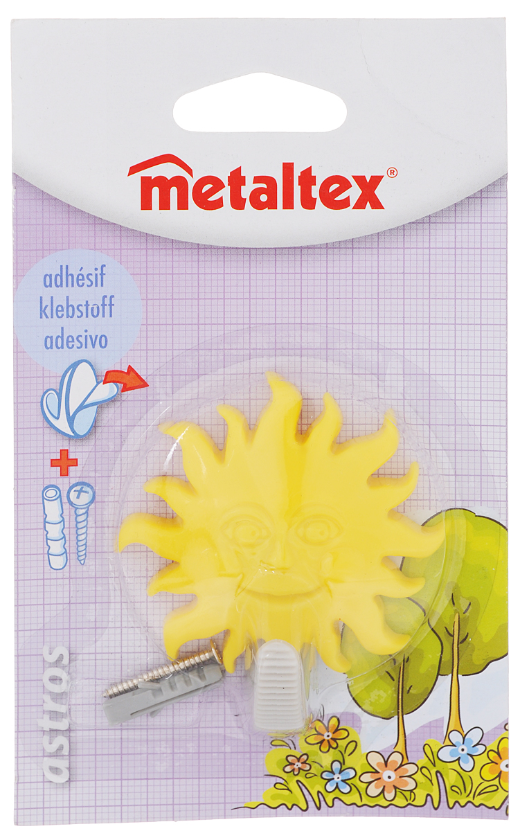 Крючок настенный Metaltex Astros. Солнце, цвет: желтый29.05.2010_желтый Крючок настенный Metaltex Astros. Солнце, цвет: желтый29.05.2010_желтыйНастенный крючок Metaltex Astros. Солнце изготовлен из высококачественного цветного пластика в виде забавной фигурки. Он прекрасно подойдет для вашей ванной комнаты или кухни и не займет много места, надежно выдержав все, что вы на него повесите. Крючок крепится на стену с помощью липкой ленты, которая находится на задней стороне крючка или при помощи шурупа (входит в комплект). Он приклеивается к гладкой, ровной и чистой поверхности. На него можно вешать полотенца или любые другие вещи.