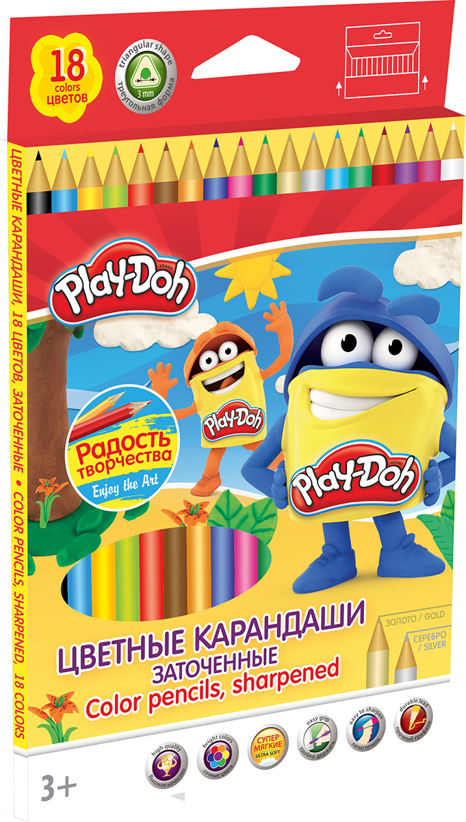 Play-Doh Набор цветных карандашей 18 цветовPDCP-US1-3QP-18 Play-Doh Набор цветных карандашей 18 цветовPDCP-US1-3QP-18Цветные карандаши Play-Doh откроют юным художникам новые горизонты для творчества, а также помогут отлично развить мелкую моторику рук, цветовое восприятие, фантазию и воображение. Эргономичная трехгранная форма корпуса прививает навык правильно держать пишущий инструмент и удобна для маленьких детских ручек. Специальное покрытие и лакировка уменьшает скольжение, что делает процесс рисования максимально комфортным. Мягкий ударопрочный грифель не ломается и не крошится при заточке. Набор включает 18 заточенных карандашей ярких насыщенных цветов, включая золотистый и серебристый.