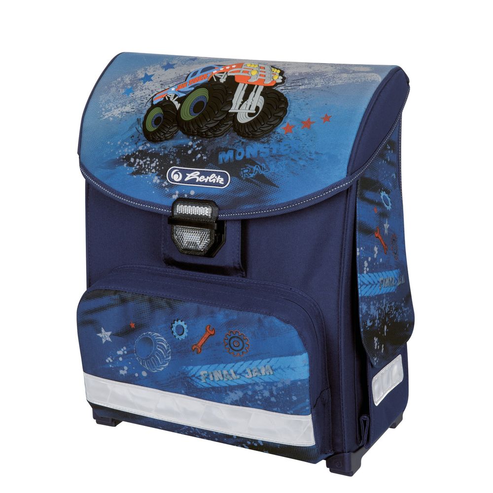 Herlitz Ранец школьный Smart TruckPLCB-RT2-883 Herlitz Ранец школьный Smart TruckPLCB-RT2-883Школьный ранец Herlitz Smart Truck станет для вашего ребенка надежным спутником в получении знаний. Ранец с жестким корпусом выполнен из прочного материала. Он состоит из одного вместительного отделения, внутри которого находится фиксатор для тетрадей и учебников.Ранец закрывается клапаном с пластиковой защелкой. На внутренней части клапана находится прозрачный пластиковый кармашек, в который можно поместить расписание занятий или визитную карточку с данными владельца.На внешней стороне ранца расположен накладной карман, закрывающийся на застежку-молнию.По бокам ранца расположены два накладных кармана, которые закрываются клапанами на липучках. На дне карманов имеются липучки, расстегнув которые, можно увеличить их объем.Ортопедическая спинка позволяет уменьшить нагрузку на спину. Ранец оснащен широкими мягкими лямками, регулируемыми по длине, которые равномерно распределяют нагрузку на плечевой пояс, и удобной ручкой для переноски в руке.Дно ранца дополнено четырьмя пластиковыми ножками, которые помогут уберечь его от загрязнений и продлить срок службы.Светоотражающие элементы не оставят незамеченным вашего ребенка в темное время суток.