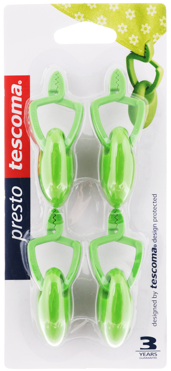 Клипса-груз для скатерти Tescoma Presto, цвет: зеленый, 4 шт420820_зеленый Клипса-груз для скатерти Tescoma Presto, цвет: зеленый, 4 шт420820_зеленыйКлипса-груз для скатерти Tescoma Presto выполнена из пластика и предназначена для утяжеления столовых скатертей. Принцип действия очень прост - просто нажмите на клипсу и закрепите груз на край скатерти. Можно мыть в посудомоечной машине. Размер клипсы-груза: 3 х 2,5 х 7 см.