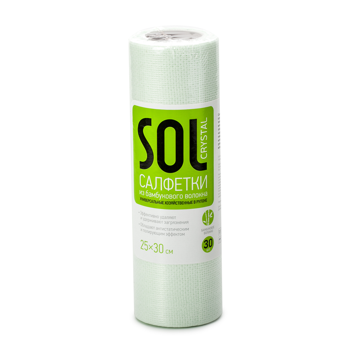 Салфетка для уборки Sol Crystal, в рулоне, 25 x 30 см, 30 шт20006 Салфетка для уборки Sol Crystal, в рулоне, 25 x 30 см, 30 шт20006Универсальные хозяйственные салфетки в рулоне Sol Crystal - это удобное решение для любых типов уборки. Изделие выполнено из бамбукового волокна, полиэстера и вискозы. Салфетки обладают полирующим и антистатическим эффектом. Подходят для сухой и влажной уборки, быстро и эффективно впитывают жидкость, не оставляя ворса и разводов на поверхности. Они очень удобны в использовании - легко отрываются от рулона по линии перфорации и могут быть использованы многократно.