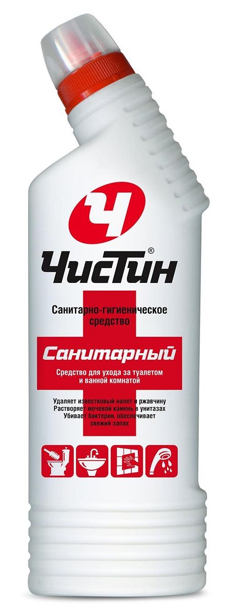 Санитарно-гигиеническое средство Чистин Утенок, 750 мл4602984003235 Санитарно-гигиеническое средство Чистин Утенок, 750 мл4602984003235Средство предназначено для ухода за туалетом и ванной комнатой. Средство удаляет известковый налёт, ржавчину с фаянсовых санизделий, кафеля, душевых кабин, душа, кранов. Идеально растворяет мочевой камень в унитазах. Убивает бактерии, обеспечивает свежий запах. Способ применения: Средство выдержать на очищаемой поверхности 10-20 мин, почистить и смыть водой. При необходимости обработку повторить. Состав: ? 5 %, но < 15 % смесь кислот, в том числе щавелевая кислота, < 5 % НПАВ, < 5 % ингибитор коррозии, < 5 %: краситель, ароматизирующая добавка.