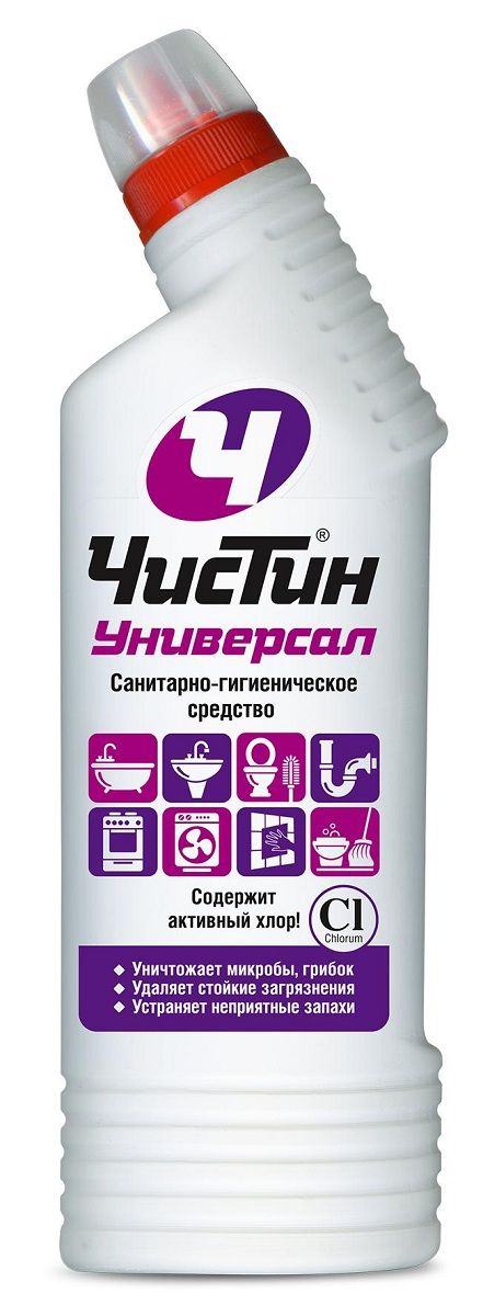 Санитарно-гигиеническое средство Чистин Универсал, 750 мл4602984007677 Санитарно-гигиеническое средство Чистин Универсал, 750 мл4602984007677Санитарно-гигиеническое средство Чистин Универсал Уничтожает микробы, грибок, неприятные запахи. Предназначено для чистки и антимикробной обработки раковин, ванн, душевых кабин, унитазов, профилактики засоров канализационных стоков, мытья керамической плитки, любых твердых моющихся напольных покрытий, настенных панелей, моющихся обоев, бытовой техники. Способ применения: Раковины, ванны, унитазы, керамическая плитка: нанести средство на поверхность, при необходимости выдержать 2-5 мин, почистить и тщательно смыть. Для уничтожения микробов и удаления стойких загрязнений выдержать 60 мин. Канализационные стоки: залить в водосток (250 мл), оставить на ночь. Мытье водостойких поверхностей (плитка, полы, рабочие поверхности, бытовая техника и т.д.): мыть раствором 20 мл (2 колпачка) на 5 л воды. Состав: < 5 %: гипохлорит натрия (калия); < 5 %: АПАВ и НПАВ; < 5 %: щелочь, соль ЭДТА, ароматизирующая добавка.