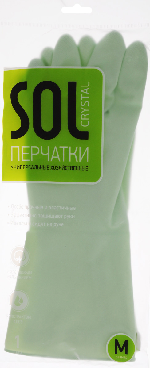 Перчатки хозяйственныеSol Crystal, латексные, с ароматом алоэ. Размер M70006 Перчатки хозяйственныеSol Crystal, латексные, с ароматом алоэ. Размер M70006Латексные перчатки Sol Crystal предназначены для защиты рук при выполнении различных видов домашних работ: мытья посуды, уборки дома, хозяйственных работ в саду, ремонтных работ. Они эффективно защищают кожу от воздействия моющих средств, бытовой химии, механических повреждений. Внутреннее напыление из хлопка с экстрактом алоэ обладает противовоспалительным действием и снижает вероятность возникновения аллергических реакций.
