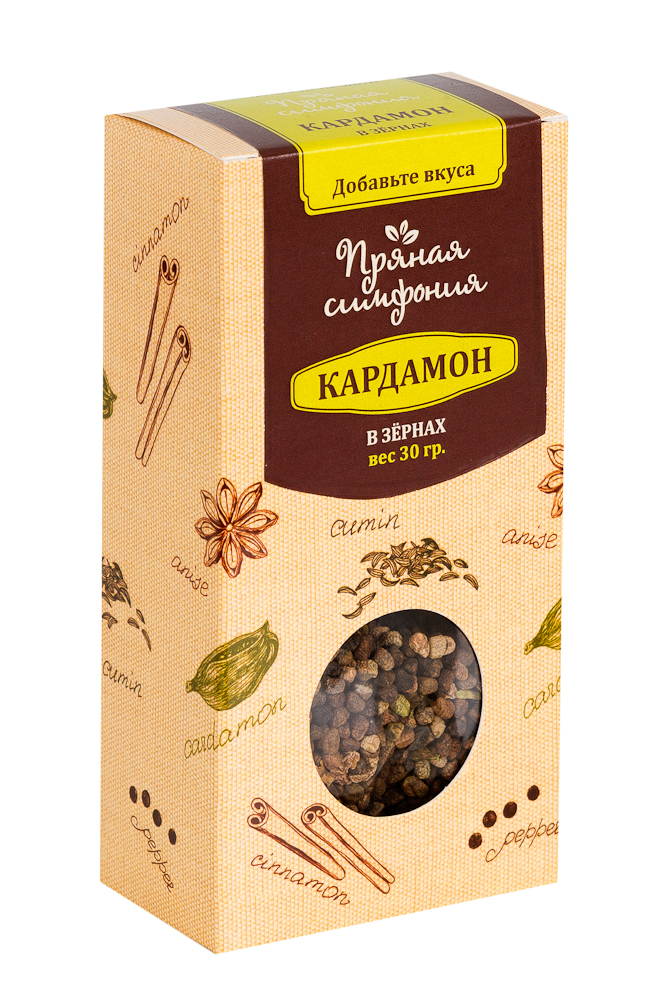 Пряная Симфония Кардамон в зернах, 30 гМ4535 Пряная Симфония Кардамон в зернах, 30 гМ4535Кардамон - одна из самых дорогих пряностей в мире. Его аромат, в котором сочетаются дымные, цветочные и сладкие нотки просто, невозможно забыть. Наверное, поэтому кардамон является одним из базовых элементов для многих блюд арабской и индийской кухни. Аромат кардамона - это аромат Востока.