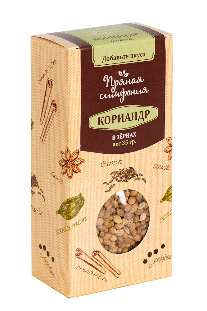 Пряная Симфония Кориандр в зернах, 35 гМ4566 Пряная Симфония Кориандр в зернах, 35 гМ4566Зерна кориандра - это универсальная специя. Они имеют сладковатый вкус и специфический запах зелени из-за присутствия в нем эфирного масла. Их активно применяют в качестве ароматизации при приготовлении мясных и овощных блюд.