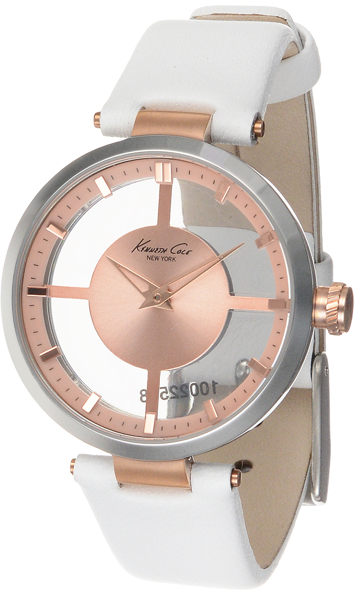 Часы женские наручные Kenneth Cole, цвет: белый, бронзовый. 1002253810022538 Часы женские наручные Kenneth Cole, цвет: белый, бронзовый. 1002253810022538Наручные женские часы Kenneth Cole произведены опытными специалистами из материалов самого высокого качества на базе новейших технологий. Они оснащены точным кварцевым механизмом. Корпус часов выполнен из нержавеющей стали и защищен минеральным стеклом. Ремешок выполнен из натуральной кожи и оснащен классической застежкой. Прозрачный циферблат круглой формы оснащен отметками и двумя стрелками - часовой и минутной. Часы укомплектованы в фирменную коробку с названием бренда.