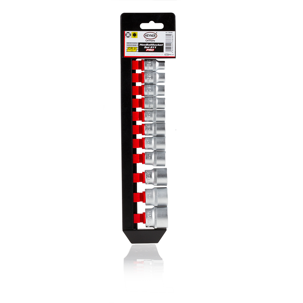 Набор головок Heyner, 3/8, 11 шт338380 Набор головок Heyner, 3/8, 11 шт338380Набор головок 3/8, 11 шт. 8-9-10-11-12-13-14-15-17-19-22 мм. Хром-ванадиевая качественная сталь.