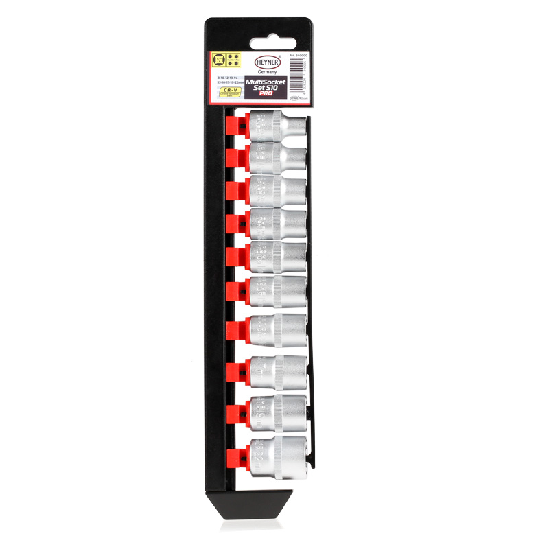 Набор головок мультипрофильных Heyner, 1/2, 10 шт340000 Набор головок мультипрофильных Heyner, 1/2, 10 шт340000Набор инструмента 96 предмет проф. Практичный инструментальный ящик. Наглядное и надежное расположение инструмента. Качественная хром-ванадиевая сталь. Крутящий момент +15 %. 30 шестигранных головок для 1/4 и 1/2 4-32 мм, 4 удлинителя 50;100;125 и 250 мм. 1 держатель головок с квадратом 1/4, 2 универсальных переходника 1/2 и 1/4, 1 универсальная отвертка с магнитным держателем бит, 1 держатель бит, 1 переходник для бит, 30 бит S2 25 мм. (+) 1-3, (*) 1-3, (-) 3-6, Н3-6, Т10-40, Т10Н-40Н,2 трещетки 1/4 и 1/2, 2-е длинные свечные головки 16 и 21 мм., 1 переходник для головок 1/2 (М) и 3/8 (П), 13 гаечных ключей 6-19 мм., 8 шестигранников 2-10 мм.