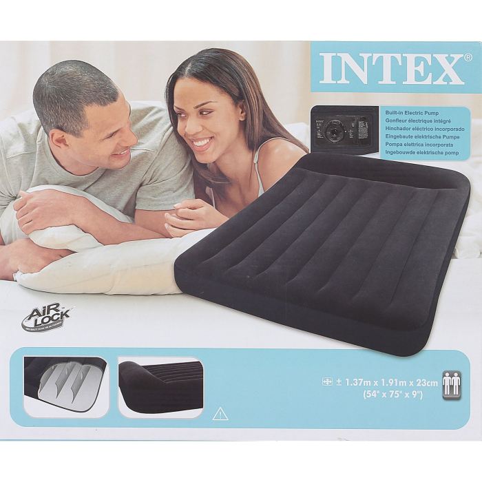 Матрас надувной Intex Classic Full 137х191х23 см, цвет: черный. 66780с58847 Матрас надувной Intex Classic Full 137х191х23 см, цвет: черный. 66780с58847Матрас надувной с подголовником Classic Full 137х191х30 см, со встроенным насосом 220V изготовлен из высококачественного водонепроницаемого винила темно-синего цвета. Верхняя часть кровати имеет флокированное покрытие, по своим характеристикам напоминающее велюр, мягкое и приятное на ощупь. В комплекте: сумка для хранения и переноски, инструкция на русском языке.Матрас надувной с подголовником Classic Full 137х191х23 см, с встроеным насосом 220V