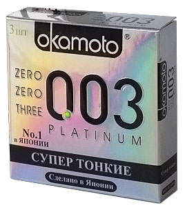 Okamоto Презервативы 0.03 Platinum, супер тонкие, 3 штCRS-80273547 Okamоto Презервативы 0.03 Platinum, супер тонкие, 3 штCRS-80273547Прозрачные презервативы Okamato 0.03 Platinum цилиндрической формы с накопителем и силиконовой смазкой изготовлены из натурального высококачественного японского латекса. Самые тонкие и прочные латексные презервативы в мире. Обеспечивают максимальный уровень чувствительности. Проверены с использованием электростатической технологии для максимальной надежности. Характеристики:Материал презерватива: латекс. Количество презервативов: 3. Длина презерватива: 180 ± 7 мм. Ширина презерватива: 52 ± 2 мм. Толщина презерватива: 0.03 ± 0.01 мм. Производитель: Япония. Товар сертифицирован.