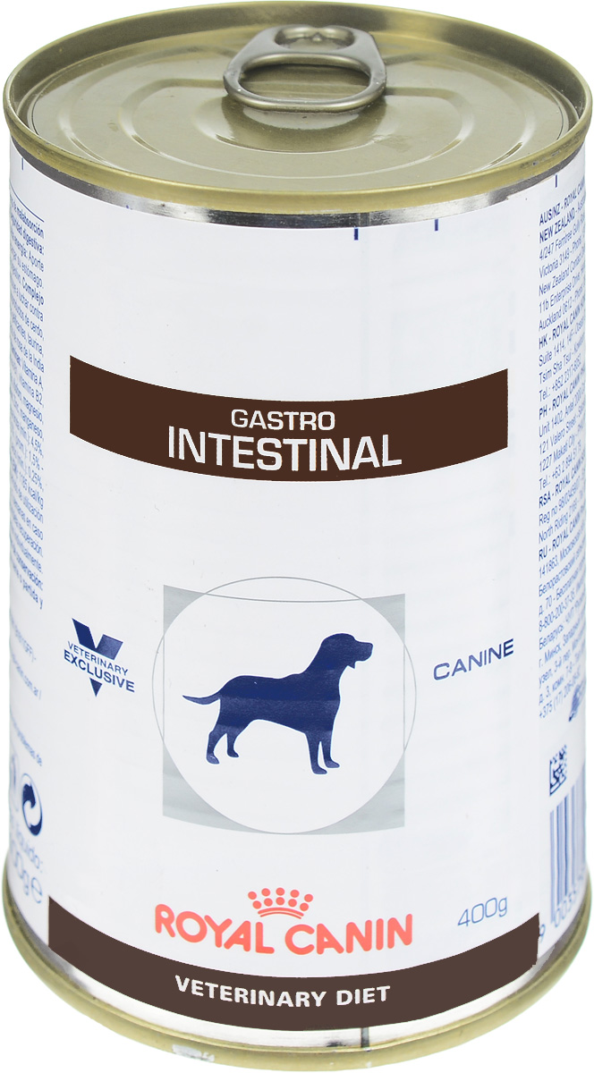 Консервы для собак Royal Canin Gastro Intestinal, при нарушениях пищеварения, 400 г0120710 Консервы для собак Royal Canin Gastro Intestinal, при нарушениях пищеварения, 400 г0120710Консервы Royal Canin Gastro Intestinal - это полнорационный диетический корм для собак, рекомендуемый при острых расстройствах пищеварения, в реабилитационный период и при истощении. Показания к применению: - Острая и хроническая диарея. - Хроническое воспаление кишечника. - Плохая переваримость и абсорбция питательных веществ. - Восстановительный период после болезни. - Пролиферация бактерий в тонком кишечнике. - Экзокринная недостаточность поджелудочной железы. - Колит. - Гастрит. - Анорексия. Сочетание высококачественных белков с высокой степенью усвояемости, пребиотиков (маннановые олигосахариды), клетчатки и рыбьего жира обеспечивает максимальную безопасность пищеварения. Повышенное содержание энергии соответствует энергетическим потребностям собаки, позволяет ограничить объем корма и снизить нагрузку на желудочно-кишечный тракт, также помогает восстановить вес в период выздоровления.Эйкозапентаеновая и докозагексаеновая кислоты, длинноцепочечные жирные кислоты Омега 3 способствуют поддержанию здоровья пищеварительной системы. Комплекс антиоксидантов синергичного действия снижает уровень окислительного стресса и борется со свободными радикалами. Состав: свинина и мясо птицы, лосось, рис, растительная клетчатка, подсолнечное масло, минеральные вещества, желирующие вещества, таурин, рыбий жир, экстракт дрожжей (источник маннановых олигосахаридов), экстракт бархатцев прямостоячих (источник лютеина), микроэлементы (в т. ч. в хелатной форме), витамины.Добавки на 1 кг: витамин D3 - 380 МЕ, железо - 7 мг, йод - 0,35 мг, медь - 3 мг, марганец - 2 мг, цинк - 21 мг.Питательные вещества на 100 г: белки 8,5%, жиры 6,5%, углеводы 6,1%, клетчатка пищевая 1,5%, влажность 75%, минеральные вещества 2%. Энергетическая ценность на 1 кг: 1088 ккал. Вес: 400 г. Товар сертифицирован.