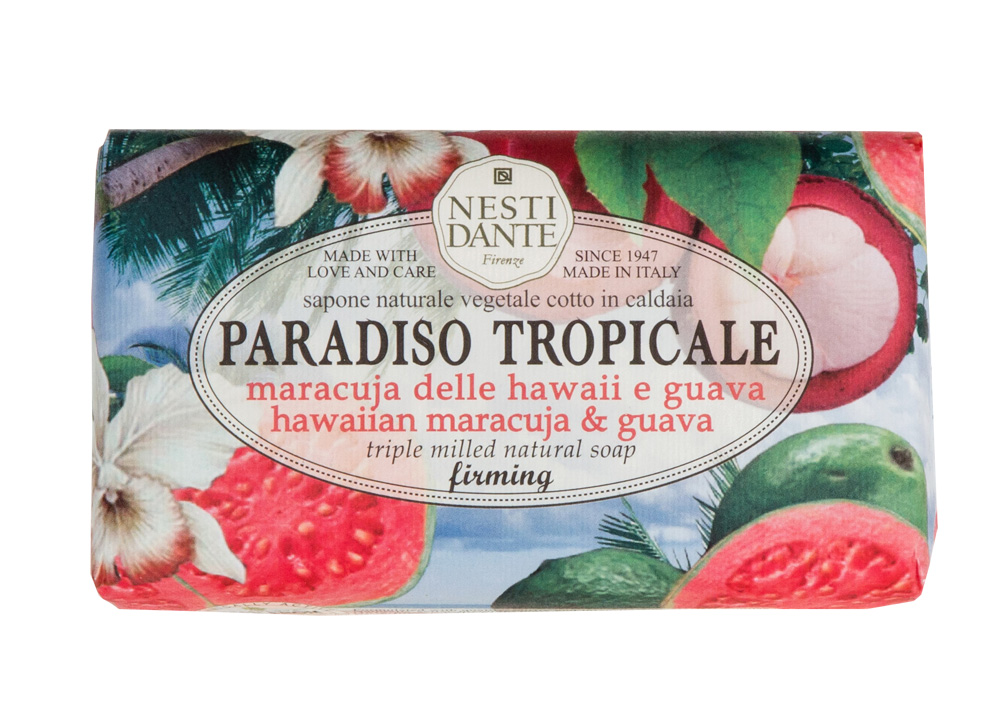 Nesti Dante Мыло Paradiso Tropicale. Гуава и маракуйя, 250 г1333106 Nesti Dante Мыло Paradiso Tropicale. Гуава и маракуйя, 250 г1333106Натуральное растительное мыло Nesti Dante Paradiso Tropicale изготовлено по старинным рецептам и по традиционной котловой технологии, в составе мыла только натуральные оливковое и пальмовое масло высочайшего качества, для ароматизации использованы органические эфирные масла. Ежедневный ритуал красоты, любви и заботы не только для тела, но и для души. Сочный аромат мыла “Гуава и маракуйя” закружит в вихре ярких эмоций и обеспечит хорошее настроение в течение всего дня. Эффект: укрепление кожи. Изысканная флорентийская бумага, в которую завернуто мыло, расписана акварелью, на каждом кусочке мыла выгравирована надпись With Love And Care (С любовью и заботой). Товар сертифицирован.