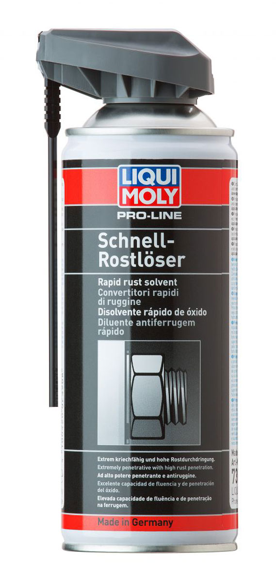 Растворитель ржавчины Liqui Moly Pro-Line Schnell-Rostloser, 0,4 лRC-100BWC Растворитель ржавчины Liqui Moly Pro-Line Schnell-Rostloser, 0,4 лRC-100BWCБыстродействующий растворитель ржавчины Liqui Moly Pro-Line Schnell-Rostloser с отличными проникающими свойствами. Отпускает ржавый крепеж за короткое время. Проникает в самые мелкие зазоры. Ржавчина пропитывается благодаря капиллярному эффекту и снимается напряжение в зазорах. Благодаря этому неподвижные соединения приобретают подвижность в короткое время. Отделяет грязь и ржавчину от поверхности. Благодаря этому и хорошим капиллярным свойствам снимает напряжение между конструктивными элементами.Особенности:Отделяет грязь и ржавчину.Быстро действует.Защищает от коррозии.Нейтрален к пластмассам, лакам, металлам.Вытесняет воду.Распыляется в любом положении баллона.Отлично проникает в зазоры.Снижает трение.Обеспечивает чистоту при использовании.База: нефтяные компоненты/активные вещества.Товар сертифицирован.