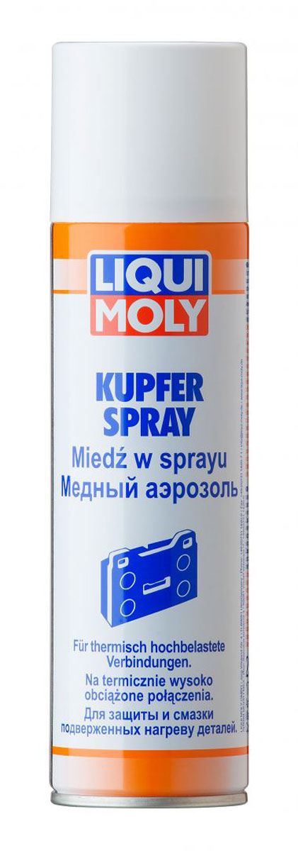 Аэрозоль медный LiquiMoly Kupfer-Spray , 0,25 л3970 Аэрозоль медный LiquiMoly Kupfer-Spray , 0,25 л3970Для предотвращения коррозии и заедания деталей тормозных механизмов, свечей зажигания, деталей системы выхлопа, резьбовых соединений под действием высокой температуры (до 1100 °С) и нагрузки. Спрей розово-золотистого цвета на основе меди.