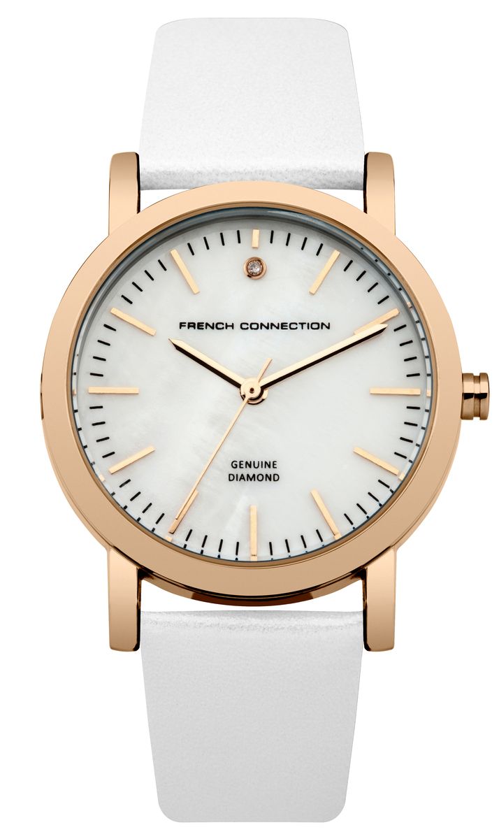 Часы наручные женские French Connection FC, цвет: белый. FC1250WRGFC1250WRG Часы наручные женские French Connection FC, цвет: белый. FC1250WRGFC1250WRGСтильные часы French Connection FC - это модный и практичный аксессуар, который не только выгодно дополнит ваш наряд, но и будет незаменим для каждой современной девушки, ценящей свое время. Корпус выполнен из нержавеющей стали. Перламутровый циферблат оформлен логотипом бренда и украшен инкрустацией натуральным бриллиантом. Корпус изделия имеет степень влагозащиты 3 Bar, оснащен кварцевым механизмом и дополнен устойчивым к царапинам минеральным стеклом. Изысканный ремешок выполнен из натуральной кожи и дополнен пряжкой, которая позволяет с легкостью снимать и надевать изделие. Часы поставляются в фирменной упаковке. Часы French Connection подчеркнут изящество ваших рук и ваш неповторимый стиль и элегантность.