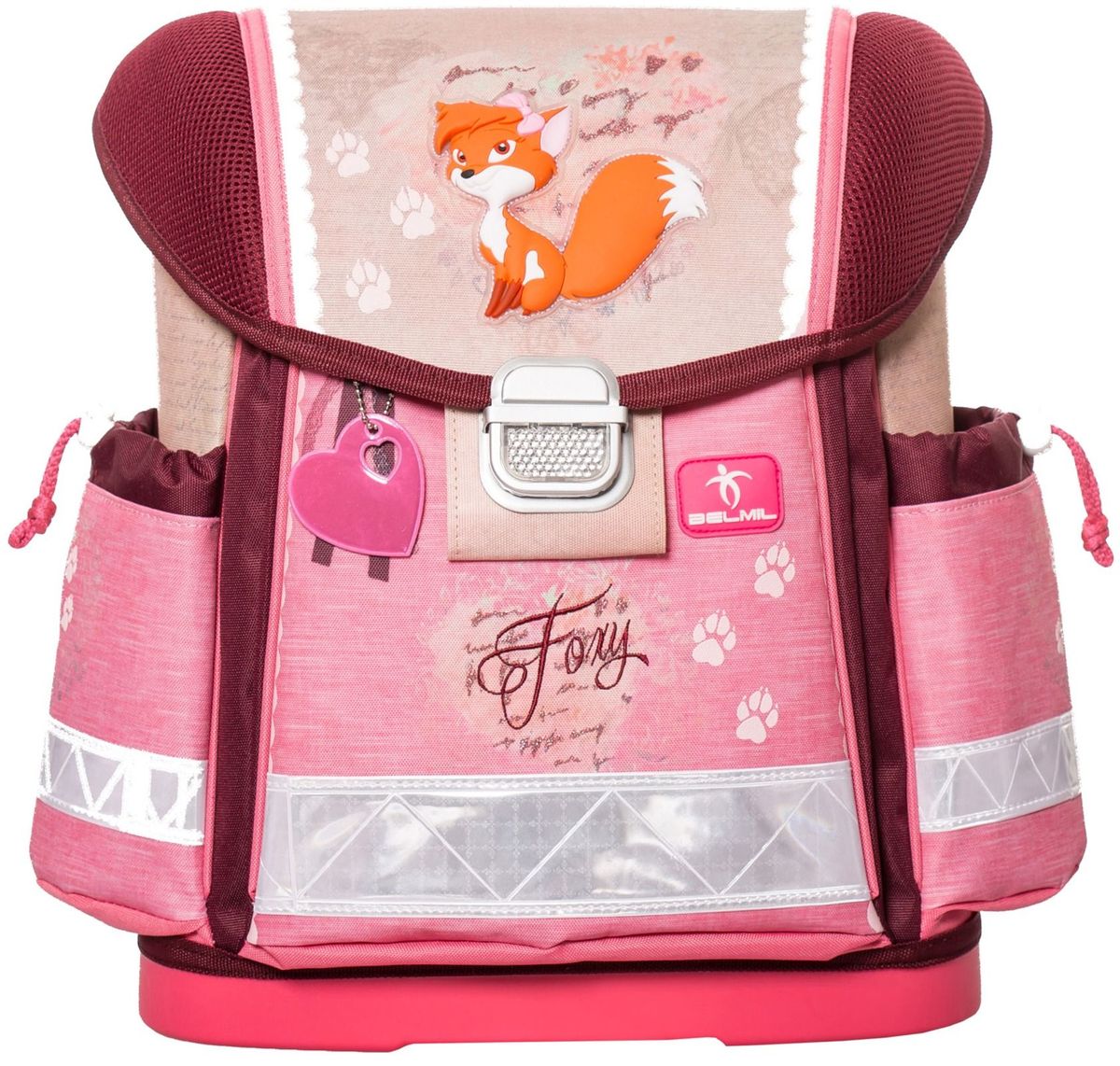 Belmil Ранец школьный Foxy72523WD Belmil Ранец школьный Foxy72523WDРанец Belmil Foxy изготовлен из современных материалов и дополнен объемной аппликацией в виде лисички. Ранец содержит два отделения, закрывающиеся клапаном с механическим замком-защелкой. Конструкция внутреннего пространства ранца Belmil подчинена принципам оптимального распределения нагрузки: тяжелые учебники следует располагать в ближнем отделении к спине. Под клапаном расположилось прозрачное окошко, предназначенное для расписания уроков, (имеется вкладыш для заполнения).Внутри основного отделения расположены две перегородки для тетрадей и учебников, одна из которых выполнена из пластика. Второе отделение, закрывающееся дополнительно хлястиком на липучке, содержит два открытых накладных кармашка.Лицевая сторона ранца украшена брелоком-светоотражателем. Форма брелока может меняться в зависимости от поставки. По бокам ранца расположены два накладных кармана с затягивающимися шнурками. Анатомическая вентилируемая спинка ранца и широкие мягкие лямки, регулируемые по длине, равномерно распределяют нагрузку на плечевой пояс, способствуя формированию правильной осанки.Изделие дополнено текстильной ручкой с резиновой насадкой для удобной переноски в руке и петлей для подвешивания. Дно ранца выполнено из пластика, оно не деформируется, обеспечивает ранцу хорошую устойчивость и легко очищается от загрязнений.Светоотражающие элементы на фронтальной стороне, боковых карманах и лямках ранца обеспечивают дополнительную безопасность в темное время суток.