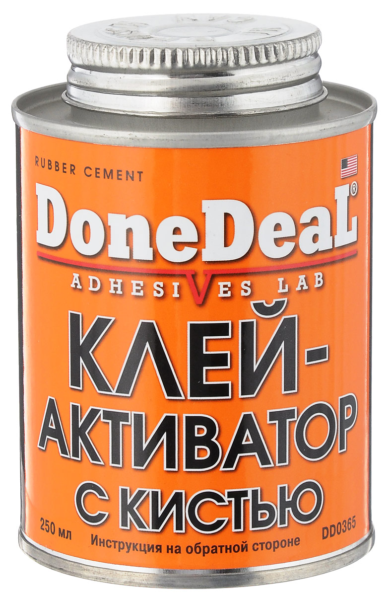 Клей-активатор для ремонта шин Done Deal, с кистью, 250 млDD 0365 Клей-активатор для ремонта шин Done Deal, с кистью, 250 млDD 0365Клей Done Deal предназначен для проведения ремонтных работ с использованием полосок сырой резины, инструмента с игольчатым отверстием, инструмента с витым наконечником или с насечками, а также для установки резиновых заплат и склеивания резиновых деталей. На крышке расположена кисть для нанесения клея. Состав: дистилляты нефти, каучук, растворитель, функциональные добавки.