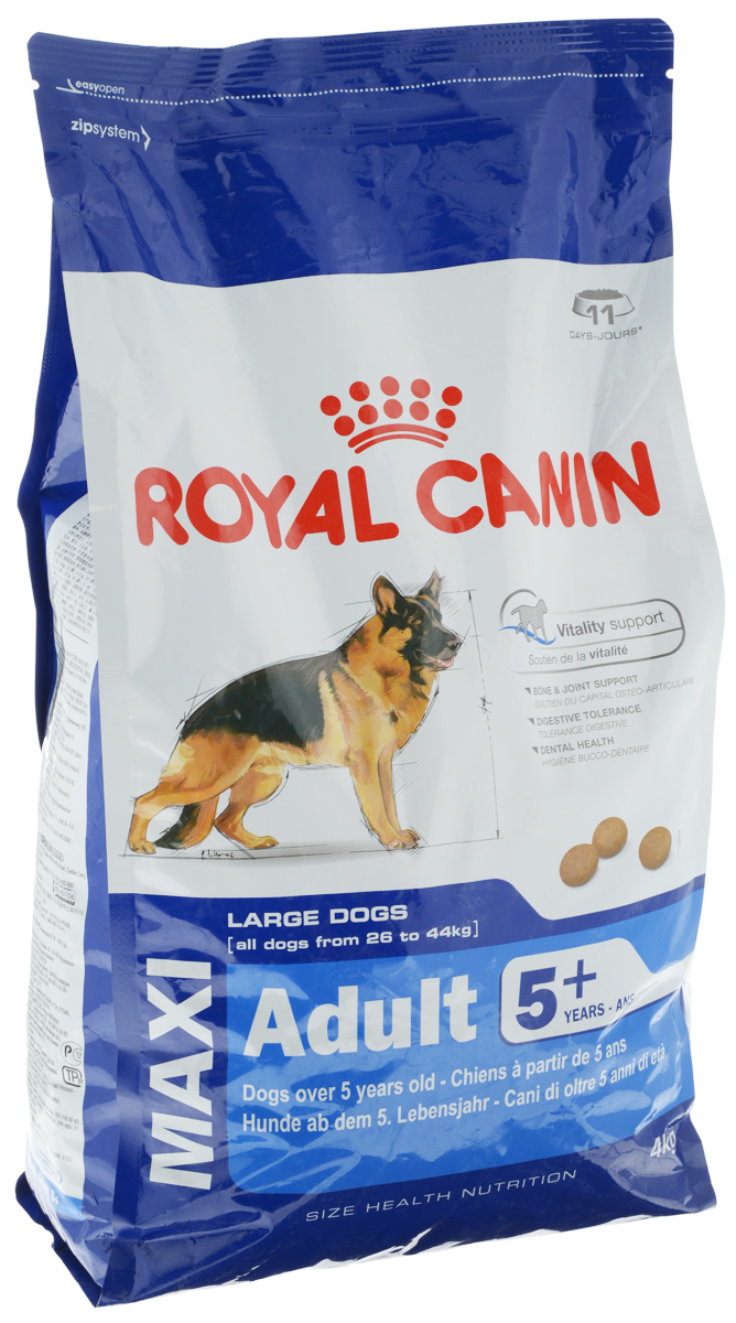 Корм сухой Royal Canin Maxi Adult 5+, для собак весом от 26 кг до 44 кг старше 5 лет, 4 кг0120710 Корм сухой Royal Canin Maxi Adult 5+, для собак весом от 26 кг до 44 кг старше 5 лет, 4 кг0120710Полнорационный сухой корм Royal Canin Maxi Adult 5+ для взрослых собак крупных размеров (вес собаки от 26 до 44 кг) старше 5 лет.Особенности корма:Поддержание жизненной энергии: адаптированное содержание питательных веществ помогает сохранять нормальное функционирование организма у собак крупных пород, проявляющих первые признаки старения. Содержит специальный комплекс антиоксидантов, способствующий нейтрализации свободных радикалов.Поддержка костей и суставов: поддерживает здоровье костей и суставов у собак крупных пород при повышенных нагрузках.Пищевая переносимость: повышенная усваиваемость рациона достигается благодаря особой рецептуре с очень высоким качеством белков и сбалансированным содержанием пищевых волокон.Здоровье зубов: сокращает образование зубного налета благодаря хелатам кальция.Состав: дегидратированные белки животного происхождения (птица), рис, животные жиры, пшеница, кукурузная мука, пшеничная мука, изолят растительных белков, гидролизат белков животного происхождения, кукурузная клейковина, кукуруза, растительная клетчатка, минеральные вещества, свекольный жом, рыбий жир, дрожжи, соевое масло, оболочка и семена подорожника, фруктоолигосахариды, масло огуречника аптечного, экстракт бархатцев прямостоячих (источник лютеина), экстракты зеленого чая и винограда (источники полифенолов), гидролизат из панциря ракообразных (источник глюкозамина), гидролизат из хряща (источник хондроитина).Добавки (в 1 кг): A 22400 МЕ, Витамин D3 1000 МЕ, Железо 46 мг, Йод 4,6 мг, Медь 9 мг, Марганец 59 мг, Цинк 178 мг, Селен 0,1 мг.Содержание питательных веществ: белки 26%, жиры 17%, минеральные вещества 5,8%, клетчатка пищевая 2,5%, медь 15 мг/кг.Товар сертифицирован.