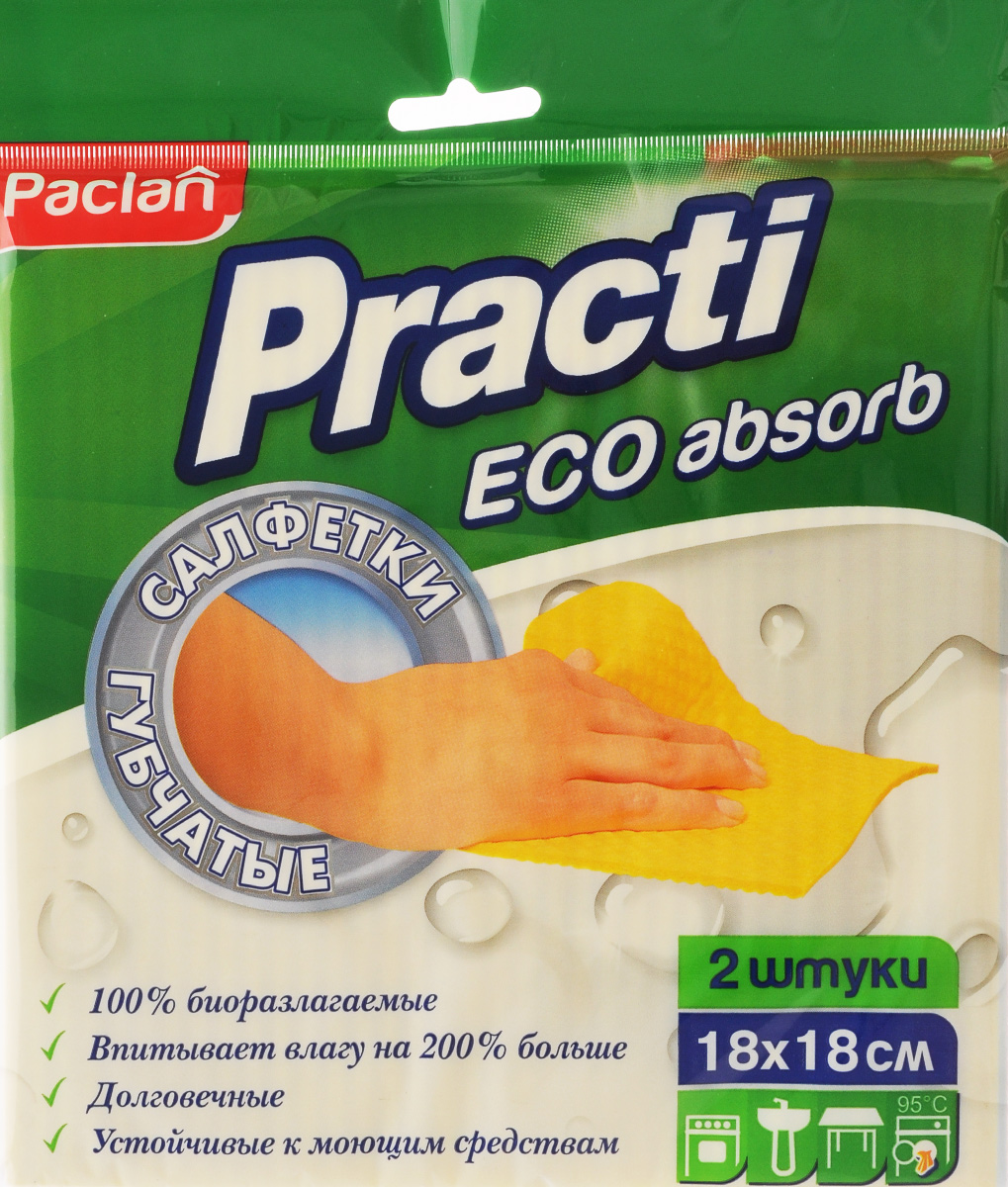 Набор салфеток для уборки Paclan Practi, губчатые, 18 х 18 см, 2 шт410164/135470/513400/163283 Набор салфеток для уборки Paclan Practi, губчатые, 18 х 18 см, 2 шт410164/135470/513400/163283Салфетки Paclan Practi, выполненные из хлопка и регенерированной целлюлозы, применяются для влажной уборки кухонных поверхностей, сантехники, плит, мебели. Прекрасно впитывают влагу. Благодаря плотной и упругой структуре губчатые салфетки быстро и эффективно удаляют грязь и жир. После обработки поверхностей не требуется ополаскивание. Салфетки очень удобны в применении, не оставляют разводов и следов. Размер салфетки: 18 Х 18 см.