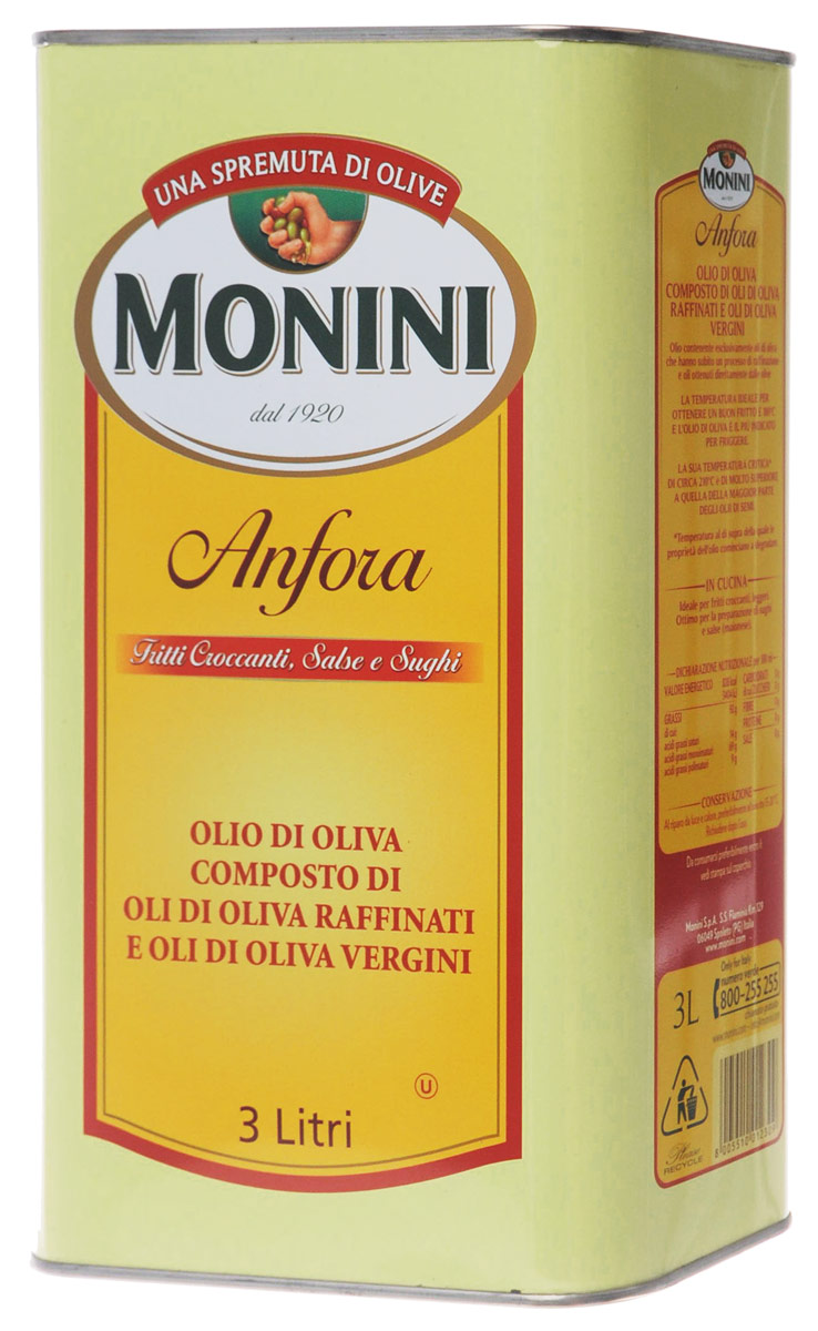 Monini Anfora масло оливковое, 3 л0120710 Monini Anfora масло оливковое, 3 л0120710Monini Anfora - рафинированное оливковое масло с добавлением нерафинированного. Незаменимо при приготовлении пищи, подвергаемой высокотемпературной тепловой обработке, так как обладает способностью не образовывать вредных веществ при жарке.