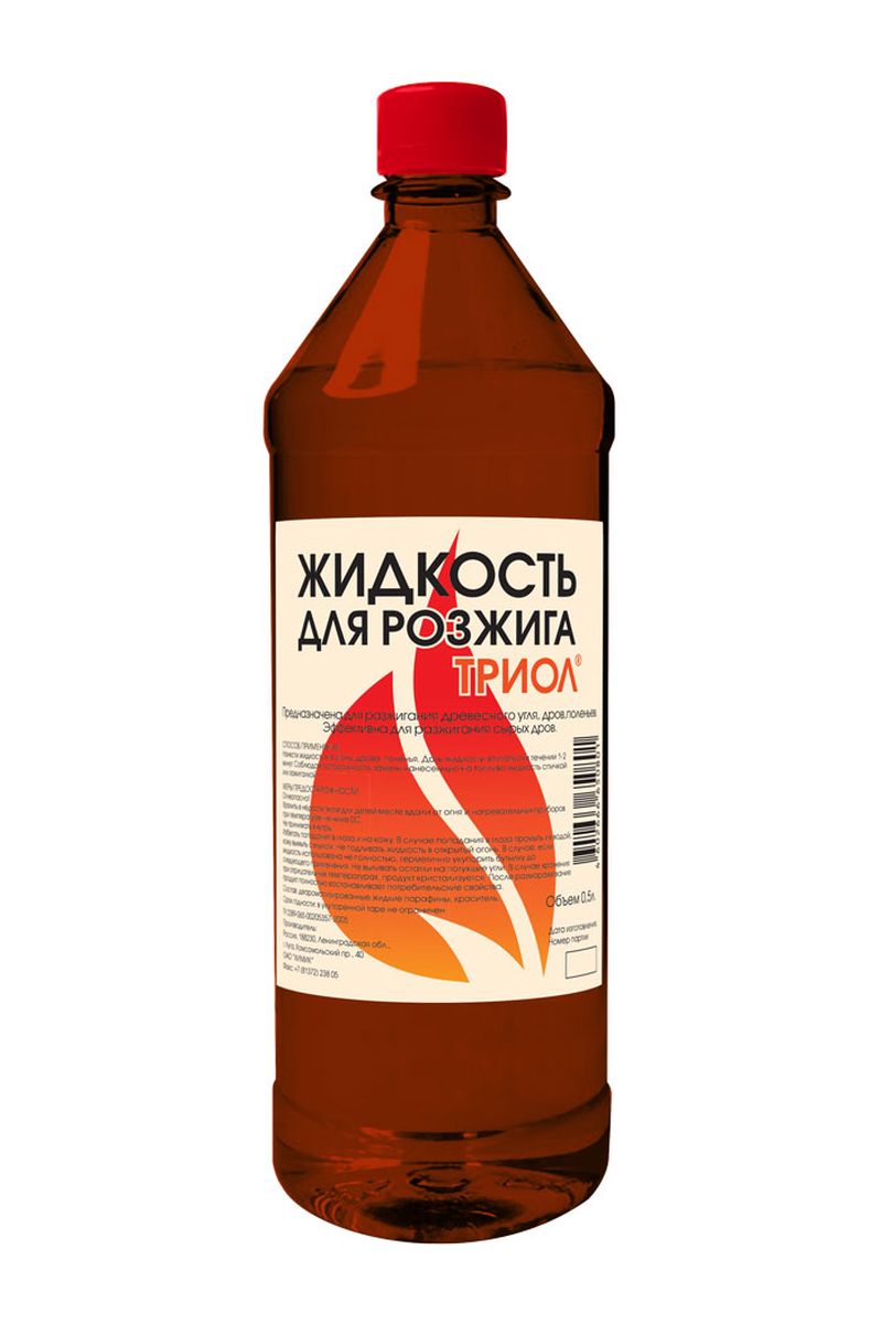 Жидкость для розжига Триол, 0,5 л66631206 Жидкость для розжига Триол, 0,5 л66631206ПРЕДНАЗНАЧЕНА ДЛЯ РАЗЖИГАНИЯ ДРЕВЕСНОГО УГЛЯ, ДРОВ, ПОЛЕНЬЕВ, ДРУГИХ ВИДОВ ТВЕРДОГО ТОПЛИВА, ЭФФЕКТИВНА ДЛЯ РАЗЖИГАНИЯ СЫРЫХ ДРОВ, КОСТРОВ В ДОЖДЛИВУЮ И ВЕТРЕНУЮ ПОГОДУ