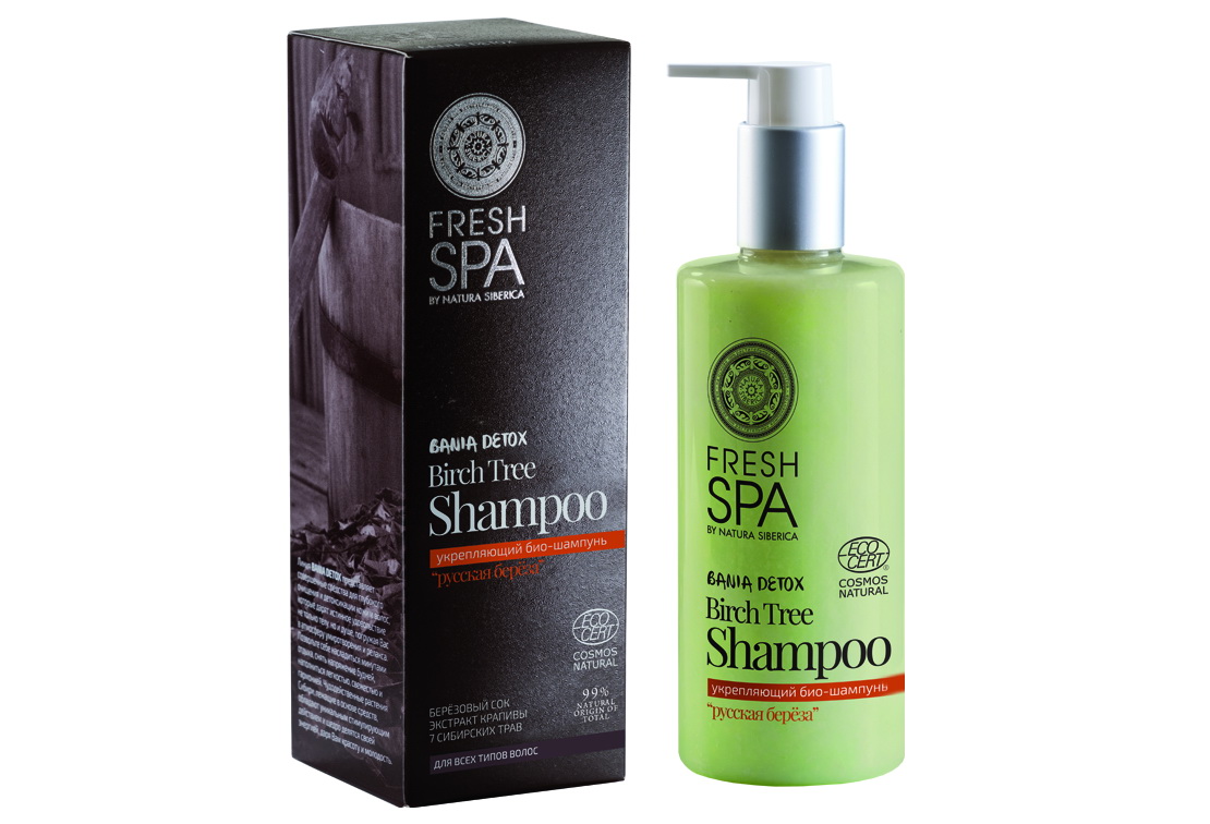 Fresh Spa Шампунь укрепляющий Bania Detox Русская береза, 300 млMP59.4D Fresh Spa Шампунь укрепляющий Bania Detox Русская береза, 300 млMP59.4DУкрепляющий био — шампунь для всех типов волос РУССКАЯ БЕРеЗА, созданный на основе природных компонентов, мягко очищает волосы, стимулирует их рост, эффективно укрепляет корни волос. Защищает волосы от повреждений, сокращает их выпадение. Органический березовый сок в составе шампуня, обладает высокой био — активностью и очищающими свойствами. Благодаря огромному количеству минеральных веществ и микроэлементов, фитонцидов, витаминов С и В он обладает антимикробным действием. Масло крапивы усиливает кровообращение, обогащает волосяные луковицы протеинами. Укрепляет корни, способствует активному росту волос, создает защитную пленку, которая предотвращает их ломкость и истончение. Настой из 7 сибирских трав придает волосам невероятную мягкость и шелковистость, естественный блеск и упругость.Эффект: Волосы более сильные, устойчивы к стрессам и сияют здоровьем.