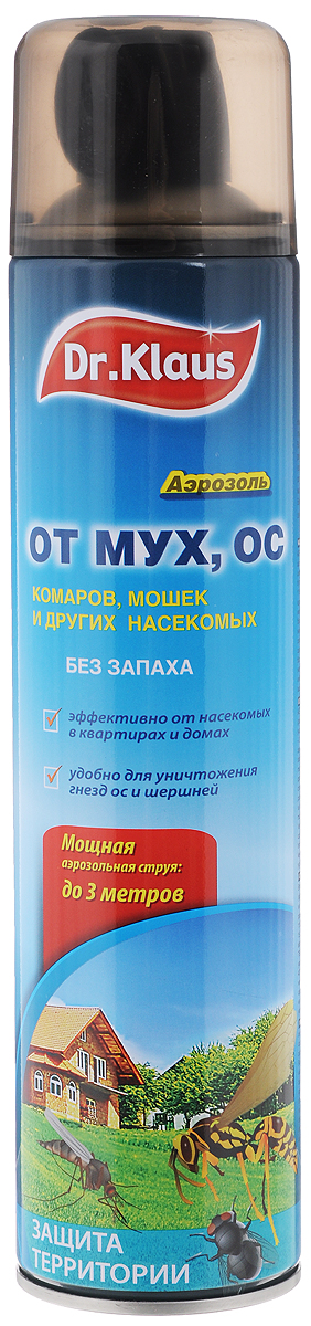 Аэрозоль от мух, ос и других насекомых Dr.Klaus Флай, 600 мл19201 Аэрозоль от мух, ос и других насекомых Dr.Klaus Флай, 600 мл19201Аэрозоль Dr.Klaus Флай используется для уничтожения летающих насекомых (комаров, мошек, мух, ос и других насекомых). Средство эффективно от насекомых в квартирах и домах, удобно для уничтожения гнезд ос и шершней. Мощная аэрозольная струя разбрызгивается на расстояние до 3 метров. Одного баллона достаточно для обработки помещения площадью до 300 м2. Без запаха. Состав: циперметрин 0,08%, тетраметрин 0,15%, пиперонилбутоксид 0,75%.Товар сертифицирован.