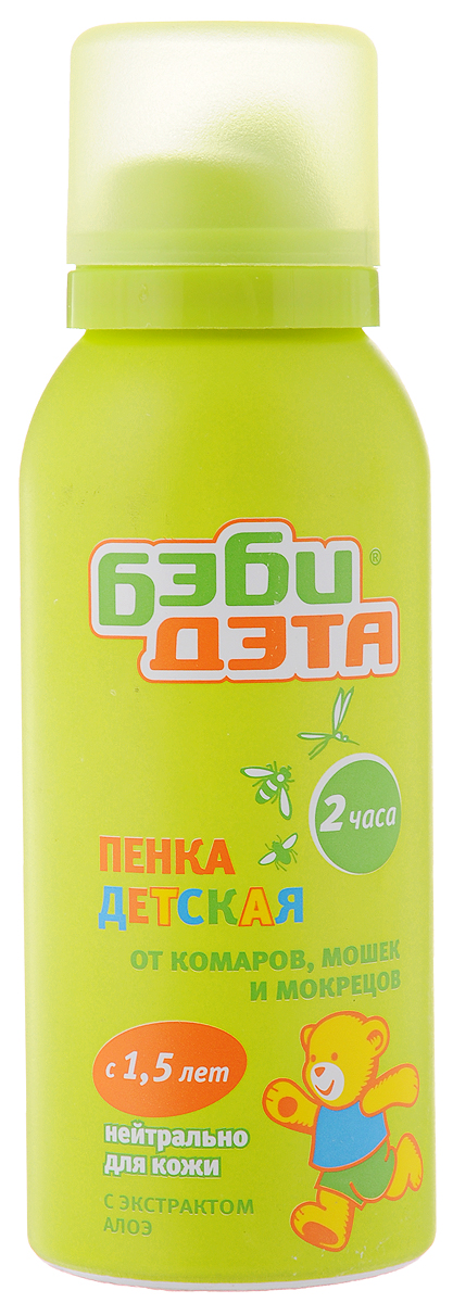 Пенка от комаров, мошек и мокрецов Бэби Дэта, детская, с экстрактом алоэ, 100 мл66711700-НД Пенка от комаров, мошек и мокрецов Бэби Дэта, детская, с экстрактом алоэ, 100 мл66711700-НДКрем Бэби Дэта обеспечивает надежную защиту от укусов комаров, мошек и мокрецов в течение двух часов. Благодаря экстракту алоэ вера, пенка смягчает и увлажняет кожу. Обладает приятным запахом. Не содержит спирт. Состав: 4,7% N,N-диэтил-m-толуамид, функциональные добавки, гель алоэ вера, отдушка, вода, пропеллент углеводородный. Товар сертифицирован.