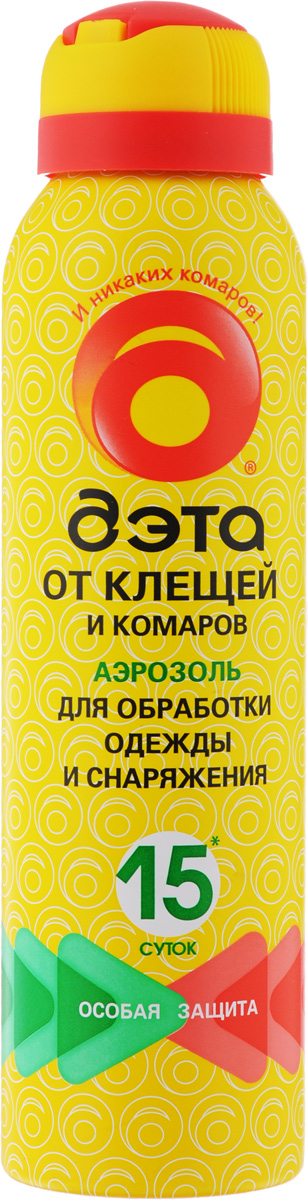 Аэрозоль от клещей и комаров Дэта, для обработки одежды и снаряжений, 150 мл66704702 Аэрозоль от клещей и комаров Дэта, для обработки одежды и снаряжений, 150 мл66704702Аэрозоль Дэта обеспечивает надежную защиту от лесных и таежных (иксодовых) клещей - переносчиков и возбудителей клещевого энцефалита и боррелиоза. Не оставляет пятен на тканях. Предназначен для обработки одежды и снаряжения. Состав: 0,2% альфациперметрин, 10% N,N-диэтил-m-толуамид, спирт изопропиловый, пропиленгликоль, экстракт пихты, пропеллент углеводородный. Товар сертифицирован.