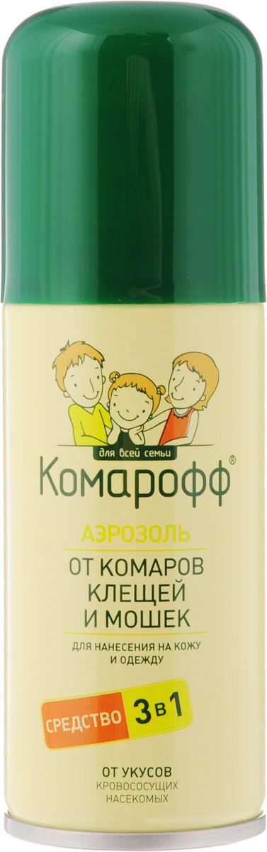 Аэрозоль от насекомых Комарофф, 3 в 1, 100 мл66702708 Аэрозоль от насекомых Комарофф, 3 в 1, 100 мл66702708Средство Комарофф предназначено для эффективной защиты от укусов кровососущих насекомых (комаров, мокрецов, москитов, мошек, слепней, блох) при нанесении на открытые части тела, одежду и другие изделия из ткани. Подходит также от таежных и лесных клещей (переносчиков возбудителей клещевого энцефалита и боррелиоза) - при нанесении на одежду. Состав: 40% N,N-диэтил-m-толумид, 5% диметилфталат, 13,35% спирт изопропиловый, вспомогательные компоненты, отдушка, пропеллент углеводородный. Товар сертифицирован.