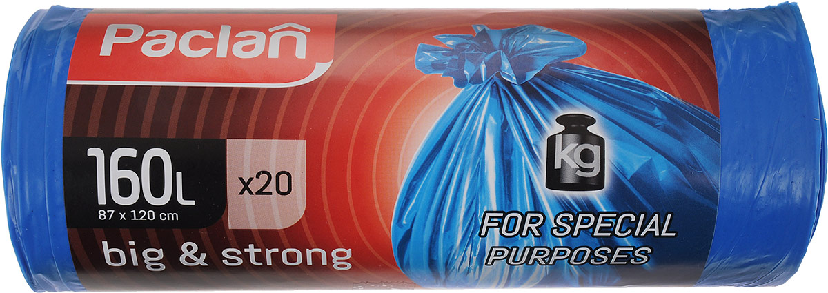Мешки для мусора Paclan Big & Strong, в рулоне, 160 л, 20 шт132347/132341/132340 Мешки для мусора Paclan Big & Strong, в рулоне, 160 л, 20 шт132347/132341/132340Мешки Paclan Big & Strong, выполненные из высококачественного полиэтилена, предназначены для сбора, хранения и утилизации бытового мусора. Очень прочные и удобные. Размер мешка: 87 х 120 см. Комплектация: 20 шт.