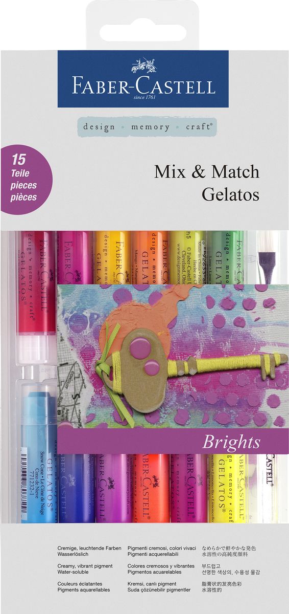 Faber-Castell Гелевые мелки Gelatos Brights 15 предметов121813 Faber-Castell Гелевые мелки Gelatos Brights 15 предметов121813Гелевые мелки Faber-Castell Gelatos, полностью растворимы в воде и не содержат вредных веществ. В комплекте - мелки 12 ярких цветов. К мелкам прилагается плоская скошенная фирменная кисть и две губки разной плотности. Преимущества покупки: • яркие и насыщенные цвета • цвета легко смешиваются • легко наносится на бумагу, холст или дерево • великолепно сочетается с другими арт- продуктами Faber-Castell • идеальная как для начинающих, так и для опытных художников