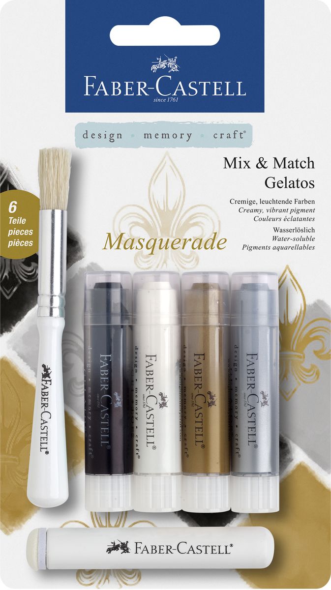 Faber-Castell Набор гелевых мелков Gelatos Маскарад 6 предметовPP-220 Faber-Castell Набор гелевых мелков Gelatos Маскарад 6 предметовPP-220Гелевые мелки Faber-Castell Gelatos: Маскарад - это уникальный художественный инструмент, который поможет вам в создании собственных шедевров. В комплект входят гелевые мелки четырех цветов (черного, белого, золотистого и серебристого), кисть и спонж. Гелевые мелки, полностью растворимые в воде, не содержат вредных веществ, имеютяркие и насыщенные цвета, которые легко смешиваются. Мелки легко наносятся на бумагу, холст или дерево и великолепно сочетаются с другими арт-продуктами Faber-Castell.Такой набор - идеальный инструмент как для начинающих, так и для опытных художников, он поможет вам воплотить даже самые смелые идеи.