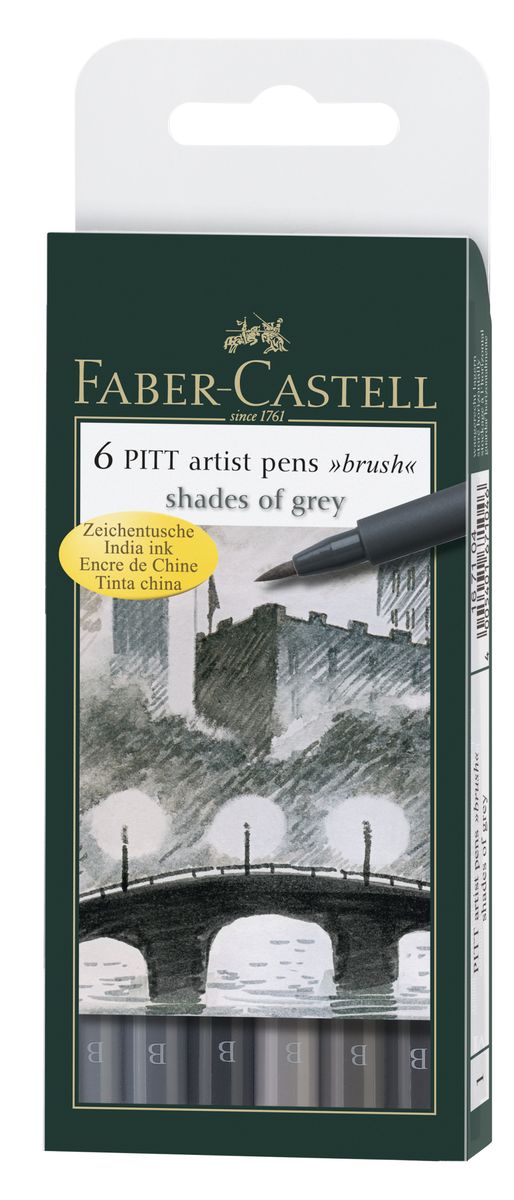 Faber-Castell Капиллярные ручки с кисточкой Shades of Grey 6 цветов167104 Faber-Castell Капиллярные ручки с кисточкой Shades of Grey 6 цветов167104Одноразовые капиллярные ручки с кисточками Faber-Castell Shades of Grey станут незаменимым инструментом для начинающих и профессиональных художников. В набор входят 6 ручек различных оттенков серого цвета. Заостренные кончики ручек позволяют проводить тончайшие линии. Чернила не выцветают на свету, не стираются и не размываются водой, не имеют неприятного запаха и pH-нейтральны. Набор художественных капиллярных ручек с кисточками - это практичный и современный художественный инструмент, который поможет вам в создании самых выразительных произведений.