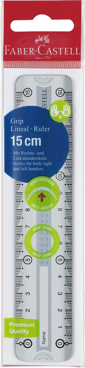 Faber-Castell Линейка Grip 15 см цвет серый72523WD Faber-Castell Линейка Grip 15 см цвет серый72523WDЛинейка Faber-Castell Grip выполнена из прозрачного прочного пластика. Линейка имеет две сантиметровых шкалы, благодаря чему подойдет как для правшей, так и для левшей. 3D Grip-зона и скошенные края обеспечат удобный захват линейки. Практичная и удобная линейка - незаменимый инструмент на любом рабочем столе.