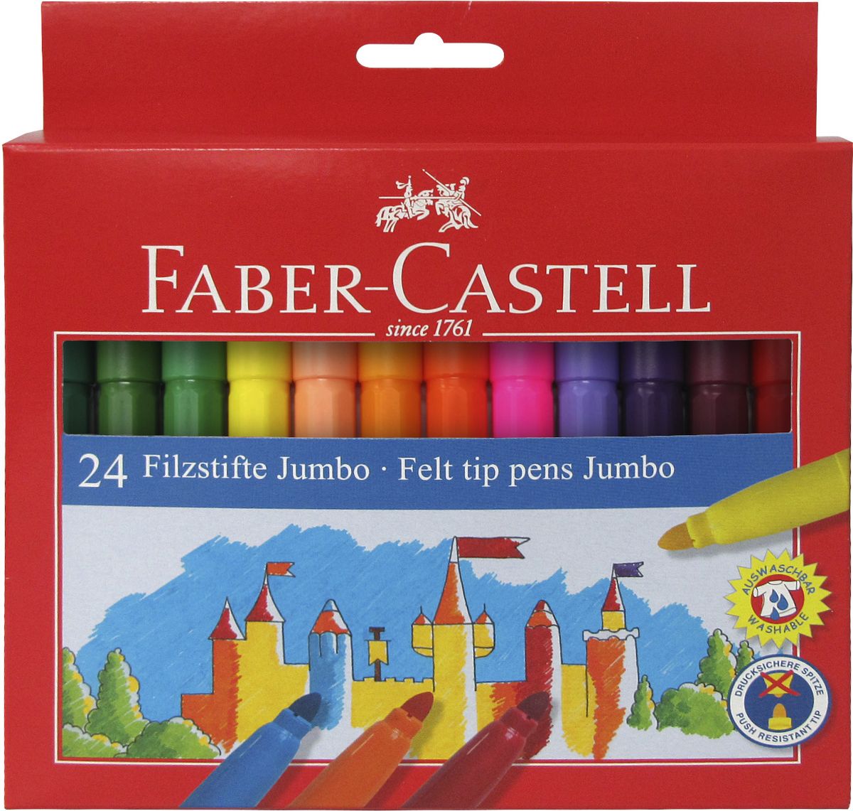 Faber-Castell Фломастеры Jumbo 24 цвета72523WD Faber-Castell Фломастеры Jumbo 24 цвета72523WDФломастеры Faber-Castell Jumbo помогут маленькому художнику раскрыть свой творческий потенциал, рисовать и раскрашивать яркие картинки, развивая воображение, мелкую моторику и цветовосприятие. В наборе Faber-Castell Jumbo 12 разноцветных фломастеров. Корпусы выполнены из пластика. Чернила на водной основе окрашены с использованием пищевых красителей, благодаря чему они полностью безопасны для ребенка и имеют яркие, насыщенные цвета. Если маленький художник запачкался - не беда, ведь фломастеры отстирываются с большинства тканей. Вентилируемый колпачок надолго сохранит яркость цветов.Не рекомендуется детям до 3-х лет.