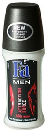 FA MEN Дезодорант роликовый Сила Притяжения, 50 мл12085429 FA MEN Дезодорант роликовый Сила Притяжения, 50 мл12085429Дезодорант антиперспирант FA MEN Сила Притяжения - Откройте для себя длительную део-защиту на 48 ч и секрет неотразимого обаяния благодаря особой формуле с феромонами. Эффективная защита против запаха пота на 48 часа и длительная и притягательная свежесть. - Без белых пятен - Бережная формула защищает и заботится о коже - Хорошая переносимость кожей подтверждена дерматологами. Применение: наносить антиперспирант на кожу в области подмышек. Не наносить на раздраженную или поврежденную кожу. Также почувствуйте притягательную свежесть, принимая душ с гелем для душа Fa Men. Более подробную информацию можно найти на сайте: http://www.ru.fa.com/fa-men/ru/ru/home/deodorant/attractive-power/deo-roll-on-attractive-power.html