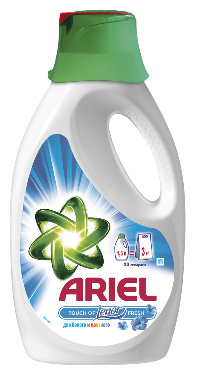 Жидкий стиральный порошок Ariel Touch of Lenor Fresh, 1,3 лAS-81564636 Жидкий стиральный порошок Ariel Touch of Lenor Fresh, 1,3 лAS-81564636Жидкий порошок Ariel – сила порошка и геля в 1!* Превосходно отстирывает, не оставляет следов на одежде, ухаживает за тканью и защищает цвет, оснащен колпачком для предварительной обработки, с помощью которого вы избавитесь даже от самых стойких пятен. Умный колпачок предварительно обрабатывает, очищает, выводит пятна, а также помогает правильно подобрать дозировку жидкого порошка. *Жидкий порошок Ariel с колпачком для предварительной обработки: выводит пятна, как порошок Ariel Color, и ухаживает за тканью, как гель для стирки.