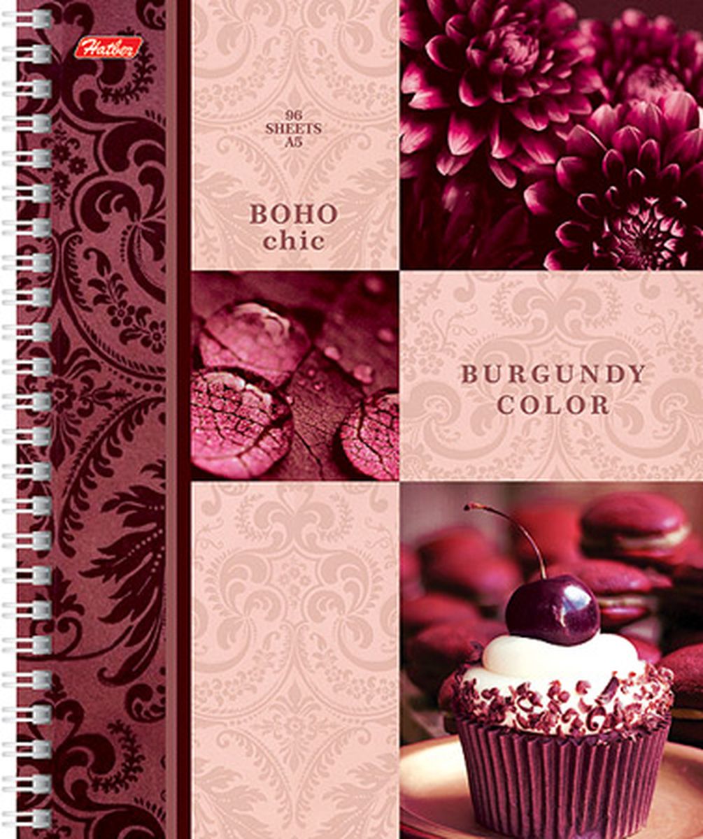 Hatber Тетрадь Burgundy Color 96 листов в клетку96Т5В1гр Hatber Тетрадь Burgundy Color 96 листов в клетку96Т5В1грТетрадь Hatber Burgundy Color формата A5 подойдет как школьнику, так и студенту. Обложка выполнена из плотного картона, что позволит сохранить тетрадь в аккуратном состоянии на протяжении всего времени использования. Лицевая сторона оформлена элегантным орнаментом и изображениями в изящном вишневом цвете. Внутренний блок тетради, соединенный посредством спирали, состоит из 96 листов белой бумаги. Стандартная линовка в клетку голубого цвета без полей.