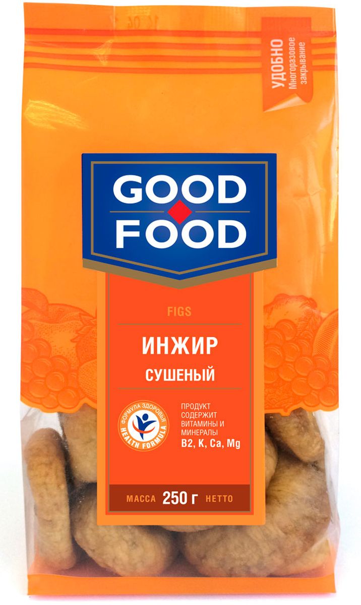 Good Food инжир сушеный, 250 г0120710 Good Food инжир сушеный, 250 г0120710Сушеный инжир является рекордсменом среди других сухофруктов по содержанию клетчатки, в связи с этим его употребление гарантирует ощущение сытости и улучшает работу желудочно-кишечного тракта. Польза сушеного инжира заключаются в изобилии в нем микроэлементов и витаминов, необходимых для нашего организма. Сушеный инжир способен приумножить вырабатываемую нашим организмом энергию, улучшить настроение, работоспособность и умственную деятельность. Ежедневное употребление инжира может снизить риск возникновения сердечно-сосудистых заболеваний.