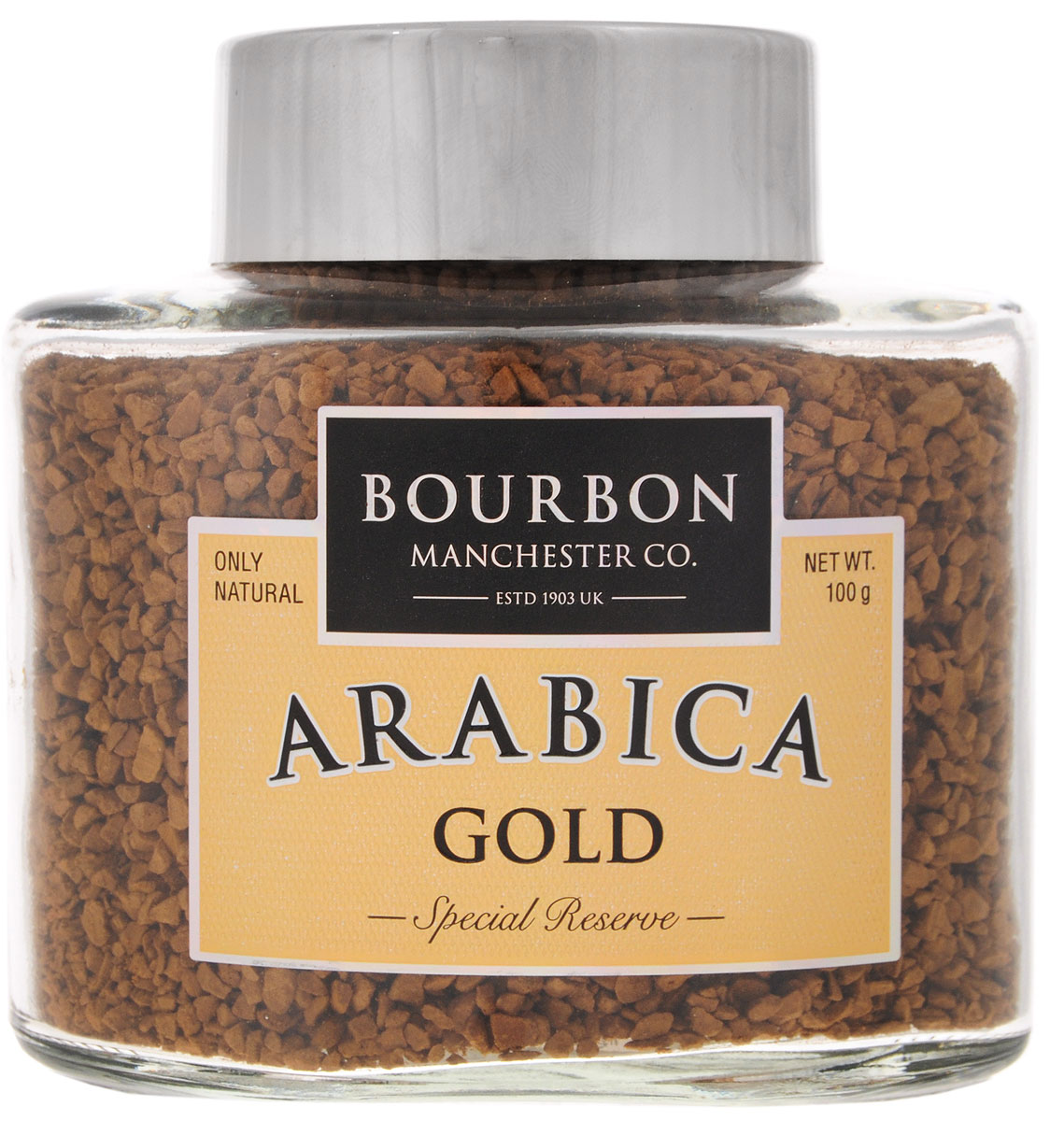 Bourbon Arabica Gold кофе растворимый, 100 г0120710 Bourbon Arabica Gold кофе растворимый, 100 г0120710Bourbon Arabica Gold - это купаж отборных сортов арабики, выросшей на высокогорных плантациях. Благодаря кенийской арабике имеет деликатный сливочный вкус, кофейные зерна из Колумбии делают его приятно пряным, а арабика из Бразилии наделяет купаж великолепным ароматом.
