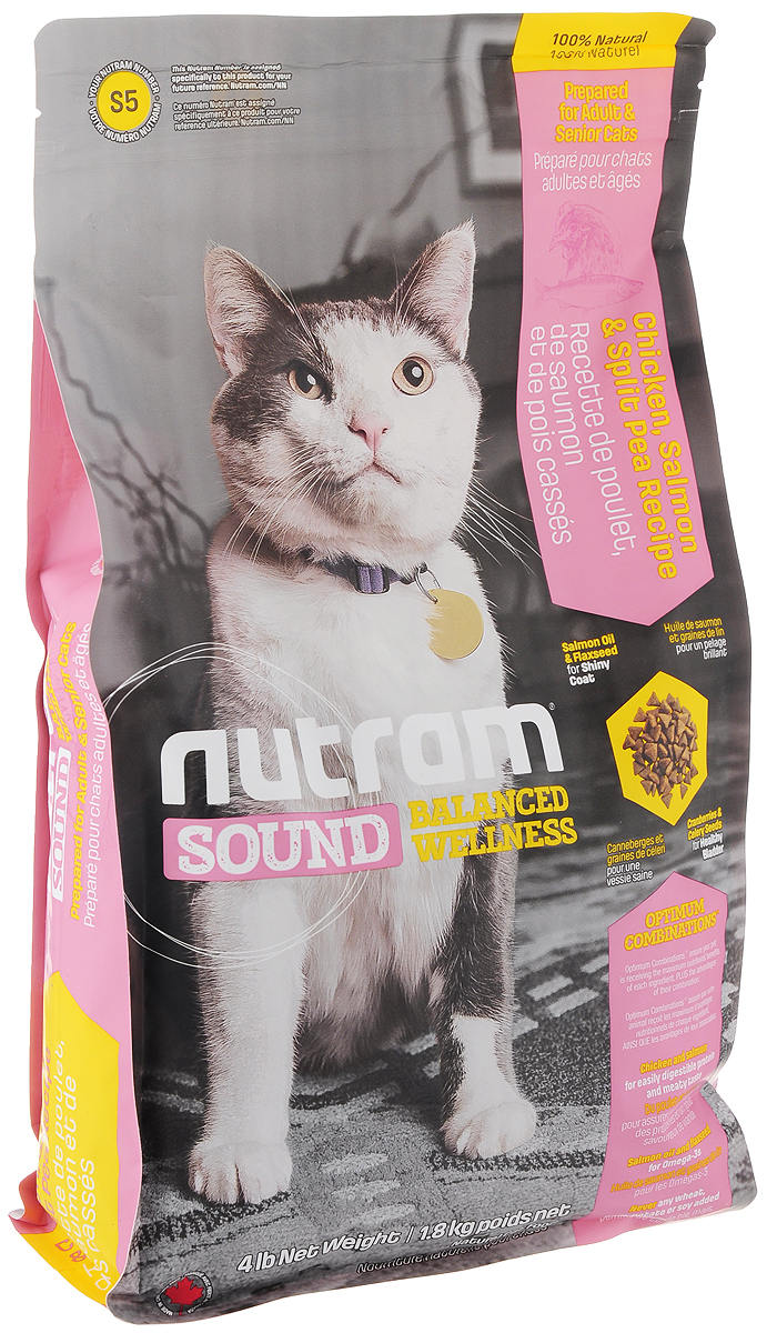 Корм сухой Nutram Sound Balanced Wellness S5 для взрослых и пожилых кошек, с курицей, лососем и горохом, 1,8 кг0120710 Корм сухой Nutram Sound Balanced Wellness S5 для взрослых и пожилых кошек, с курицей, лососем и горохом, 1,8 кг0120710Полноценный, полезный, богатый питательными веществами сухой корм Nutram Sound Balanced Wellness S5 для взрослых и пожилых кошек, который улучшает самочувствие и здоровье питомцев по принципу изнутри-наружу.Подход Nutram к питанию начинается со здорового мочевого пузыря. Для этого используется сочетание клюквы и семян сельдерея. Клюква, естественный подкислитель, и семена сельдерея, эффективное мочегонное, регулируют баланс жидкости в организме. Поддерживаются уровень рН и уровень золы в моче, что способствует здоровью мочеполовой системы.Сочетание жира лососевых рыб и семян льна, богатых омега-3 жирными кислотами, позволяет системе Оптимальных сочетаний обеспечить все необходимые питательные вещества для поддержки здоровья кожи и шерсти. - Корм для кошек содержит мясо курицы и лосося - источники легкоусвояемых белков и привлекательного вкуса. - Волокна гороха способствуют хорошему пищеварению. - Жир лососевых рыб и семена льна используются в качестве источника полиненасыщенных и Омега-3 жирных кислот. - Не содержит пшеницу, кукурузу, картофель или сою в любом виде.